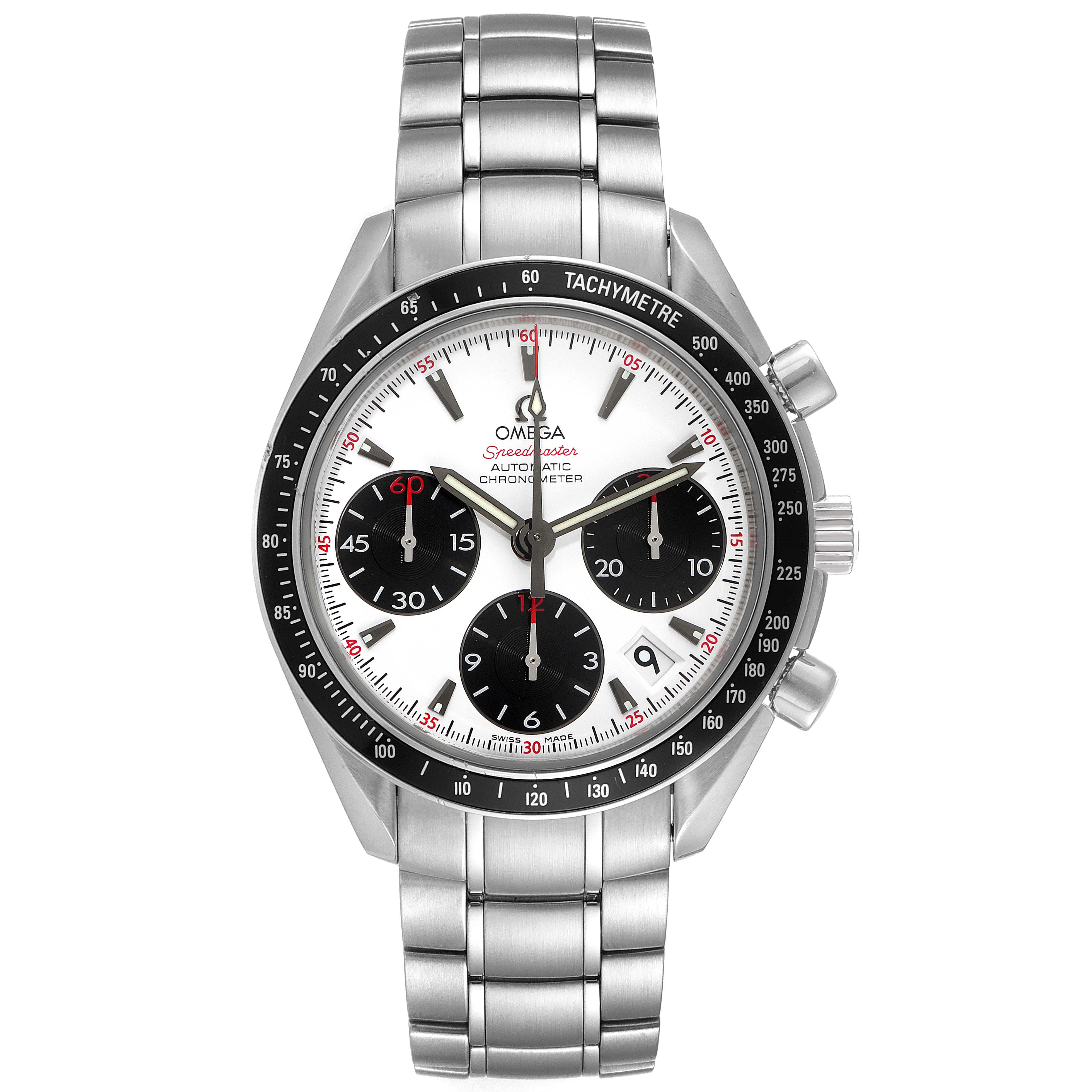 The Omega Speedmaster 323.30.40.40.04.001 Men's Stainless Steel White Dial 323.30.40.40.04.001 Men's Stainless Steel White Dial watch is shown from the front, displaying its face, bezel, and stainless steel bracelet.