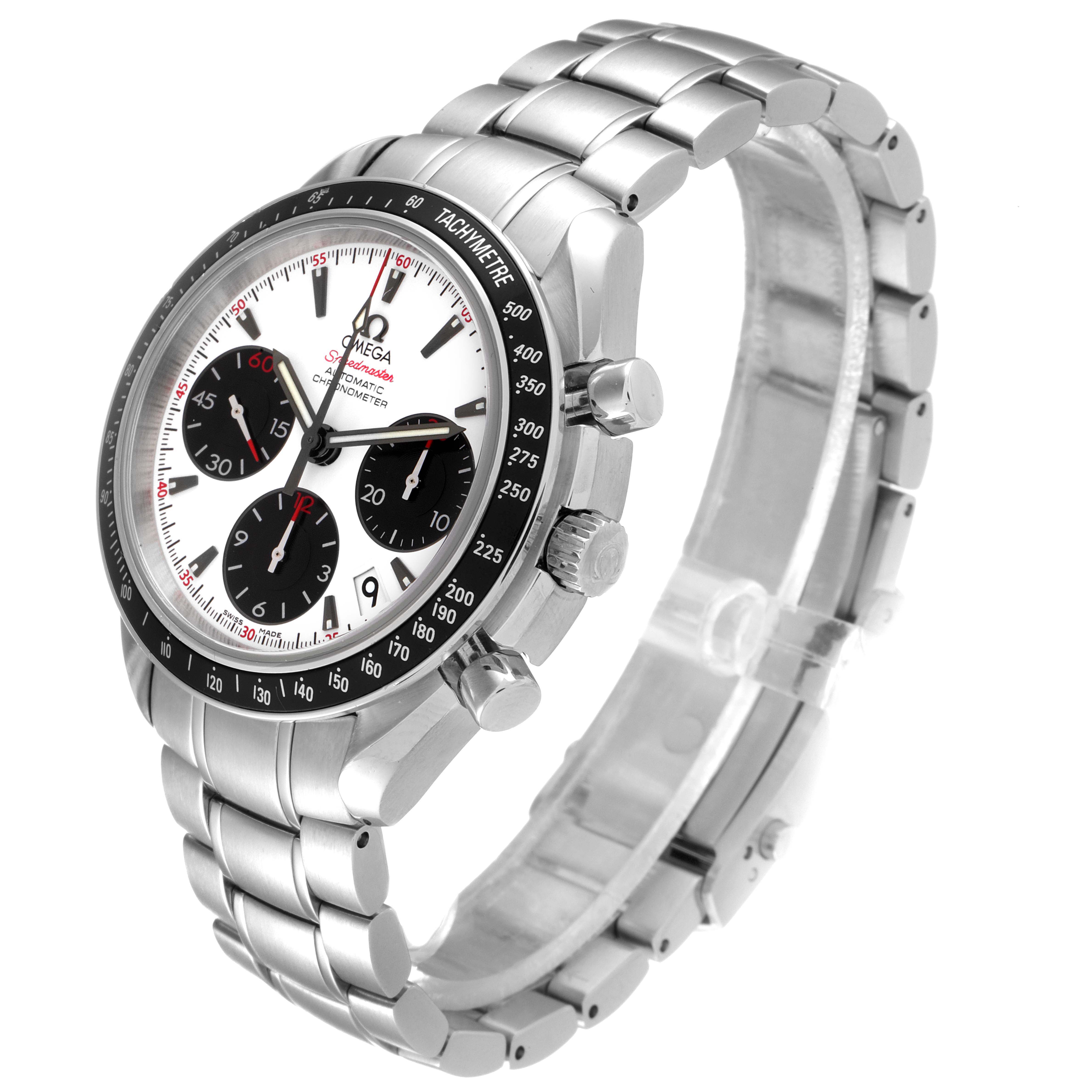 The image shows an Omega Speedmaster 323.30.40.40.04.001 Men's Stainless Steel White Dial 323.30.40.40.04.001 Men's Stainless Steel White Dial watch at an angle highlighting the face, bezel, pushers, and metal bracelet.