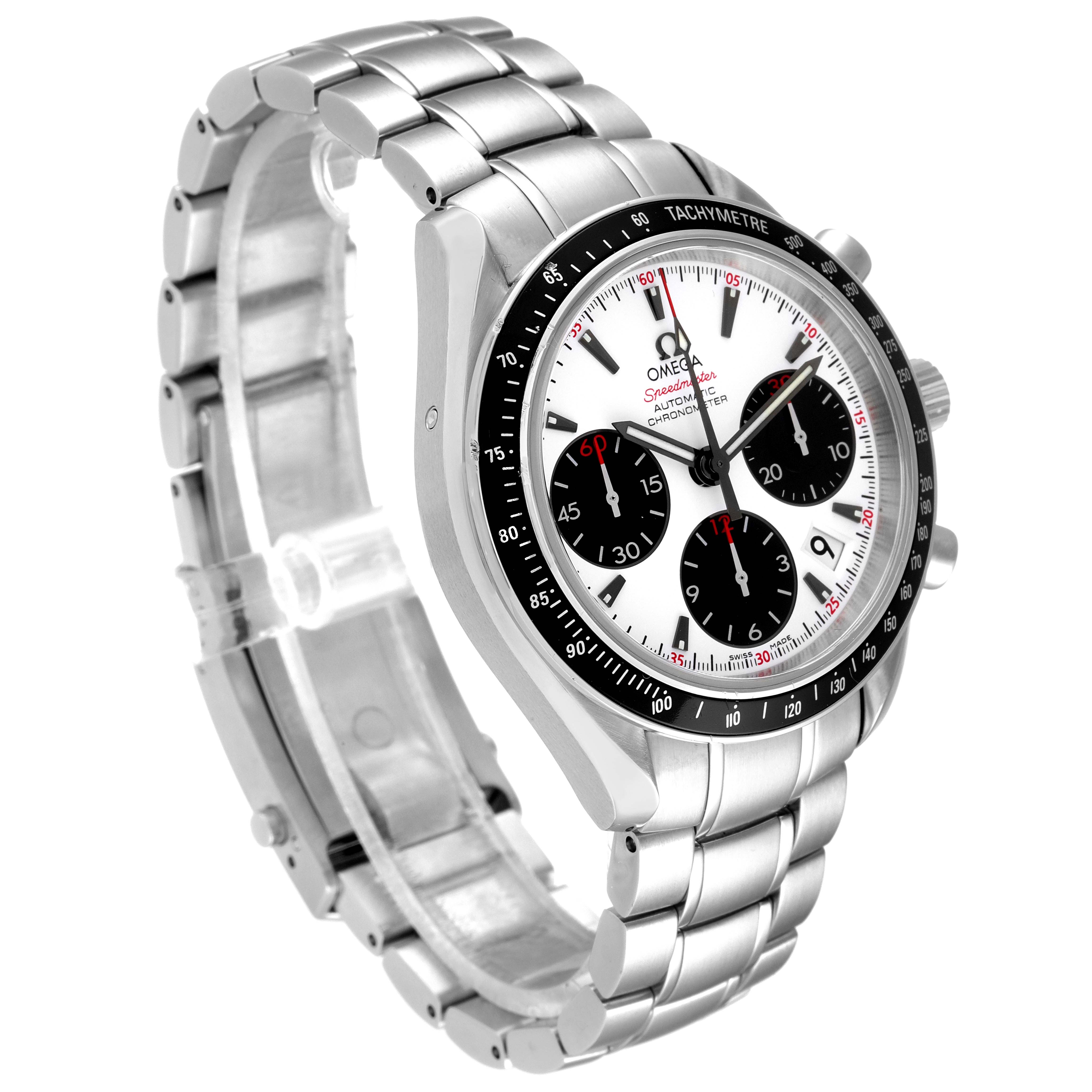 The Omega Speedmaster 323.30.40.40.04.001 Men's Stainless Steel White Dial 323.30.40.40.04.001 Men's Stainless Steel White Dial is shown at a 45-degree angle, highlighting the watch face, bezel, and stainless steel bracelet.