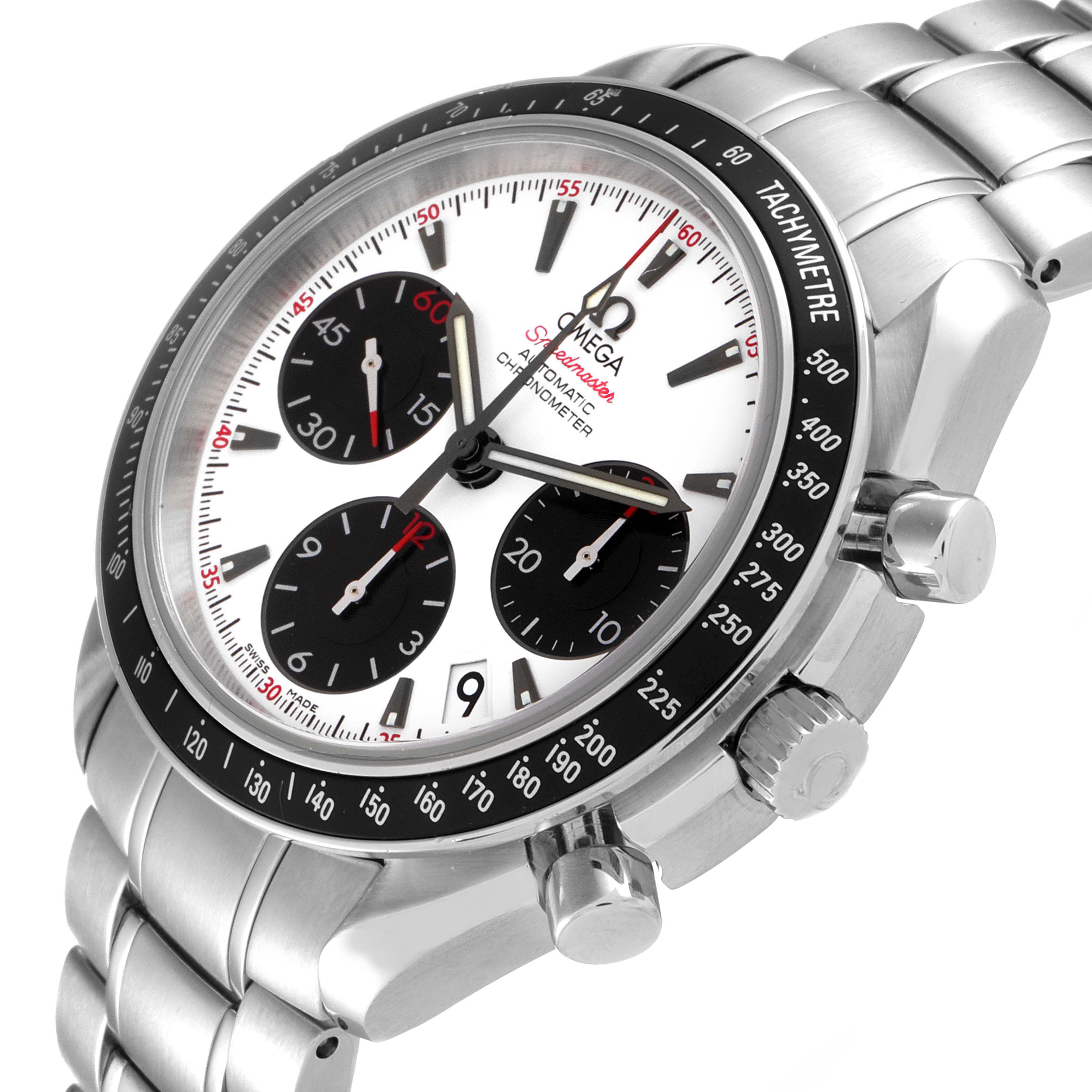 The Omega Speedmaster 323.30.40.40.04.001 Men's Stainless Steel White Dial 323.30.40.40.04.001 Men's Stainless Steel White Dial watch is shown at an angle, highlighting the dial, tachymeter bezel, and pushers on the stainless steel bracelet.
