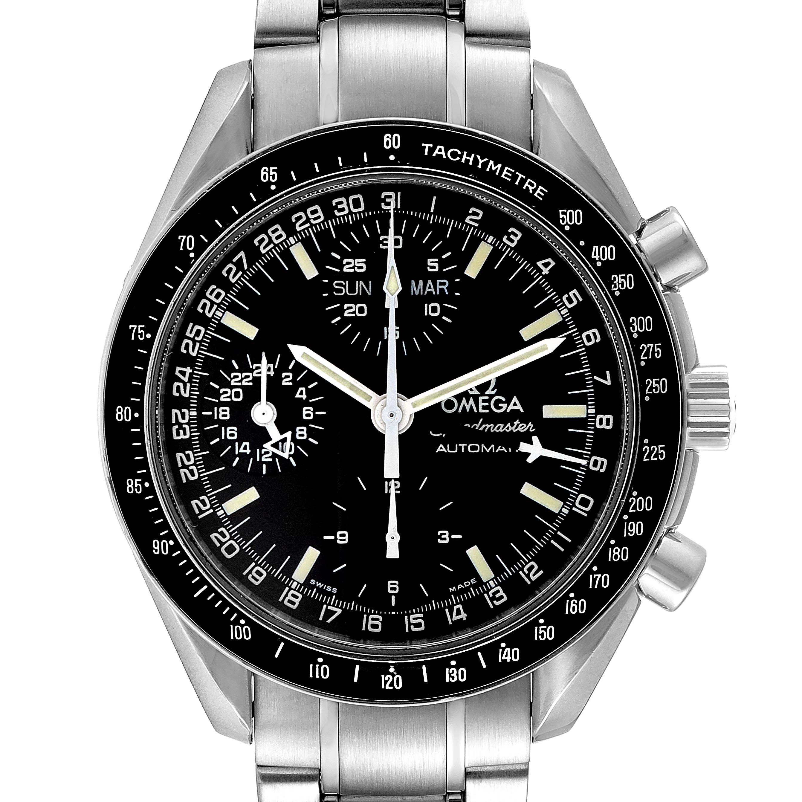 The image shows the front view of an Omega Speedmaster 3520.50.00 Men
s Stainless Steel Black Dial 3520.50.00 Men
s Stainless Steel Black Dial watch, including the bezel, dial, hands, and bracelet.