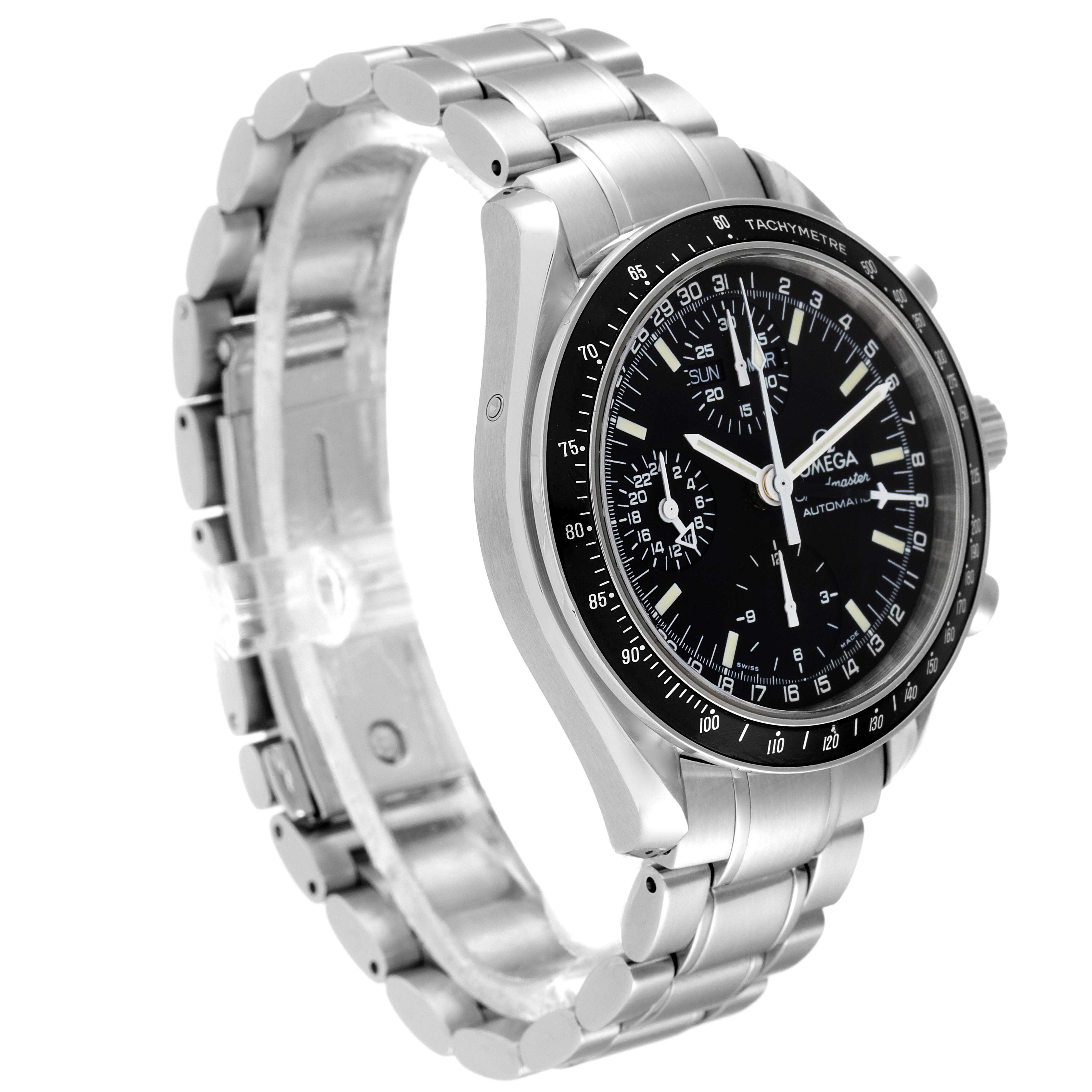 The Omega Speedmaster 3520.50.00 Men
s Stainless Steel Black Dial 3520.50.00 Men
s Stainless Steel Black Dial watch is shown at a three-quarter angle, displaying the face, bezel, crown, and part of the metal bracelet.
