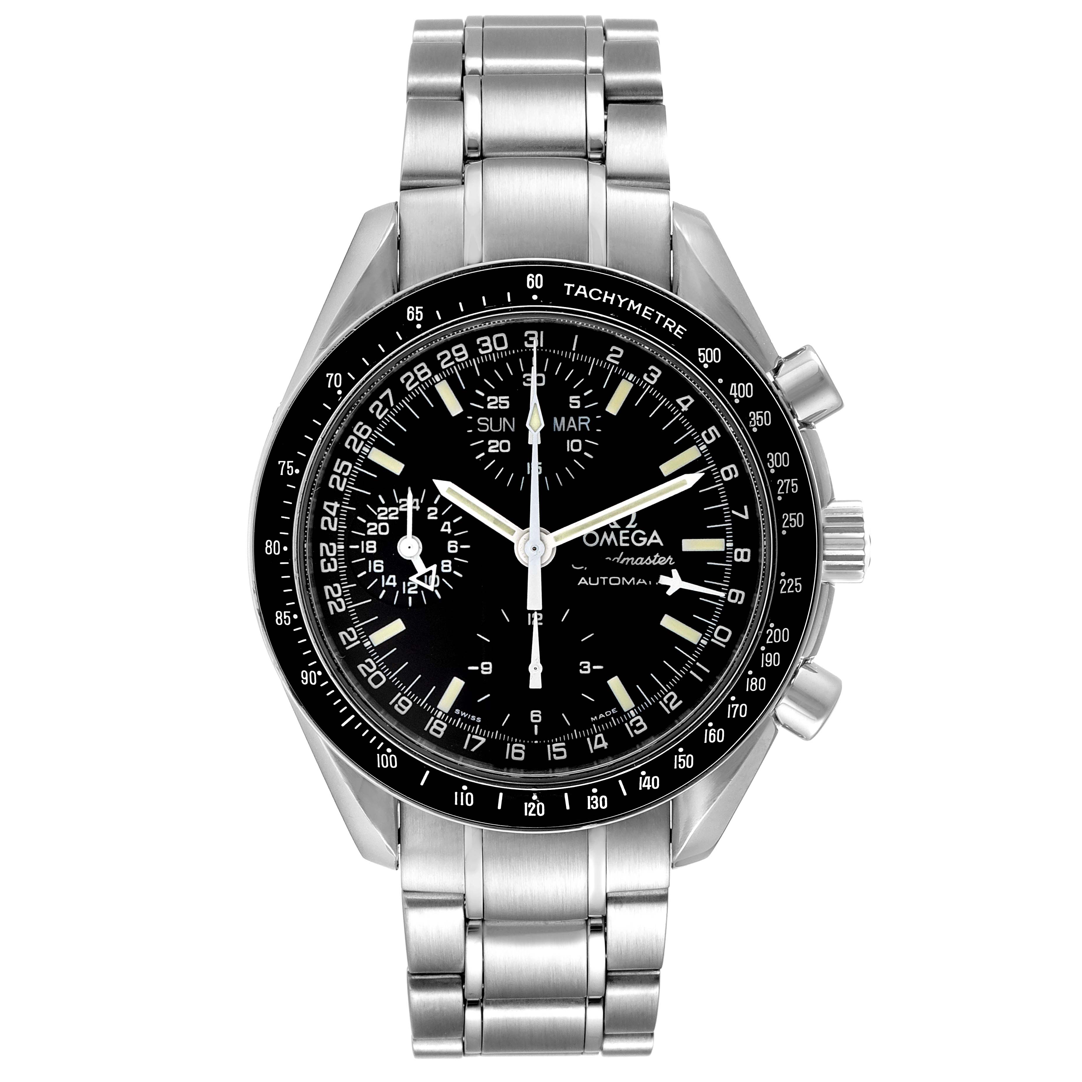 The image shows a front view of the Omega Speedmaster 3520.50.00 Men
s Stainless Steel Black Dial 3520.50.00 Men
s Stainless Steel Black Dial watch with its silver bracelet and black tachymeter dial.