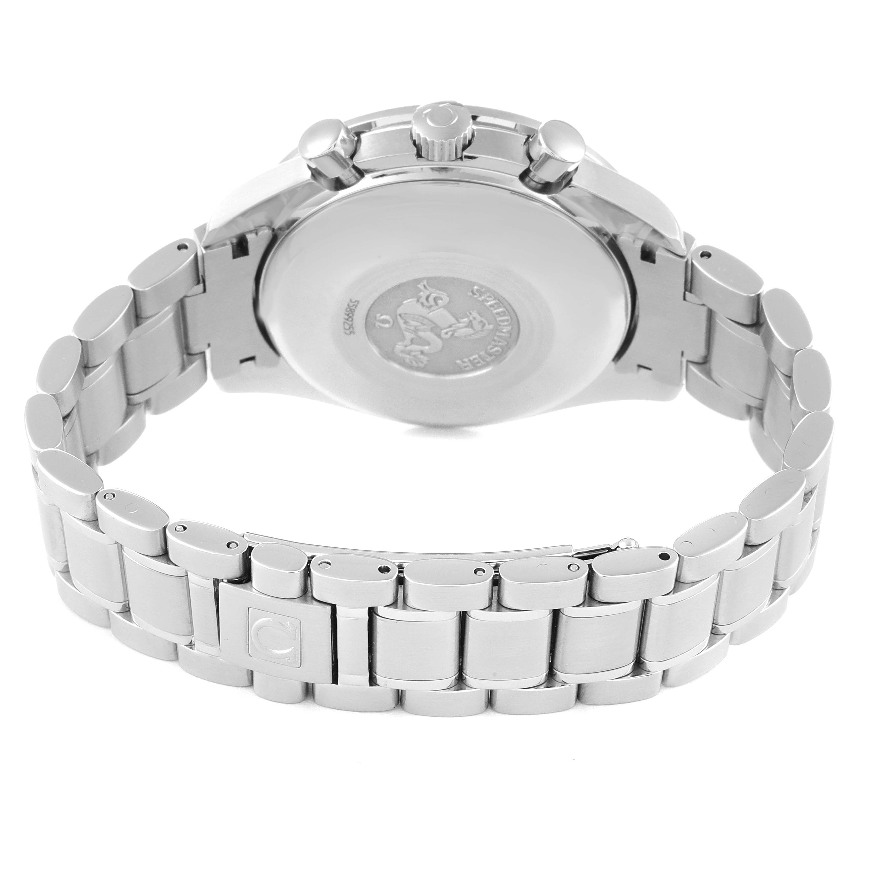 The image shows the back case and metal bracelet of the Omega Speedmaster 3520.50.00 Men
s Stainless Steel Black Dial 3520.50.00 Men
s Stainless Steel Black Dial watch from a rear angle.