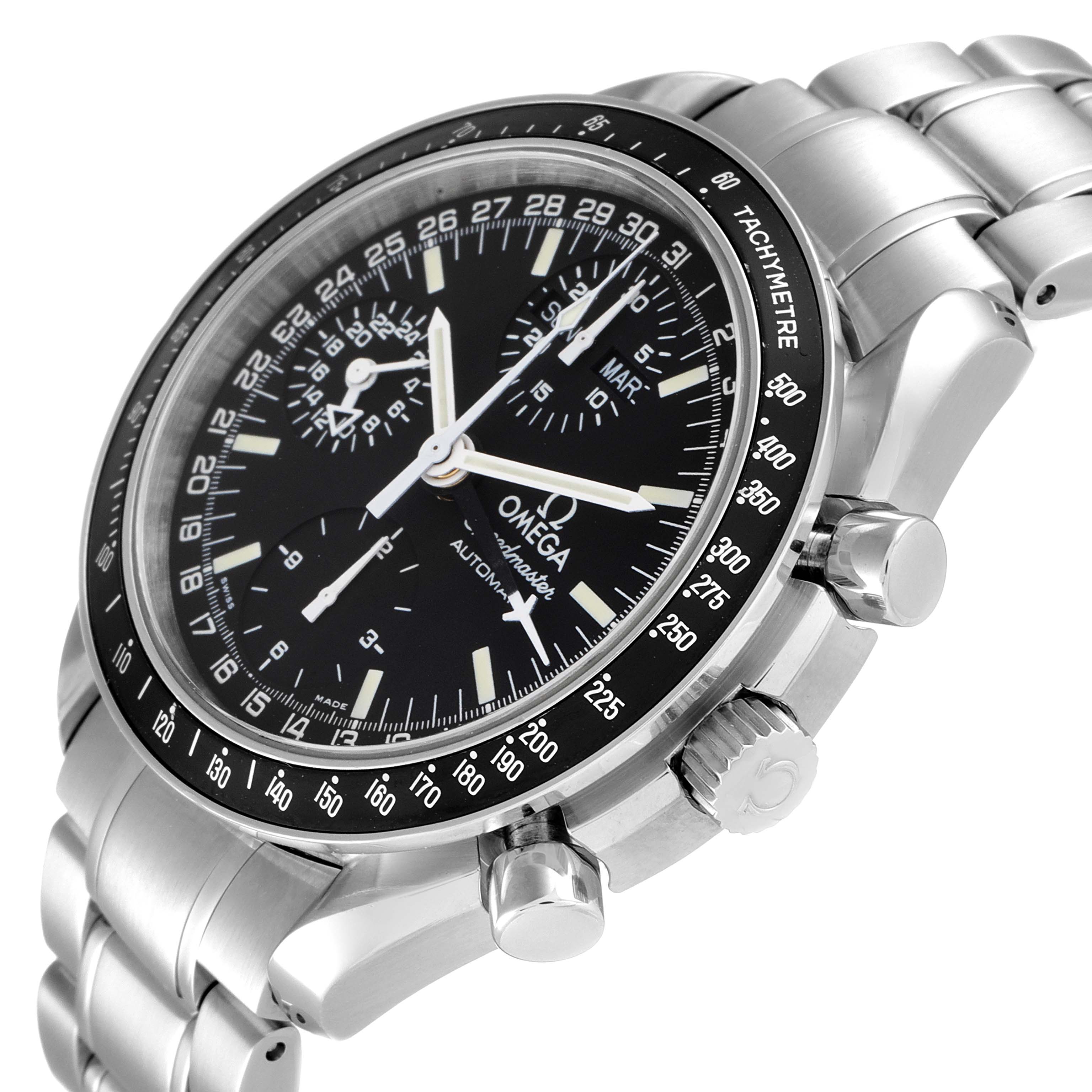 The image shows a stainless steel Omega Speedmaster 3520.50.00 Men
s Stainless Steel Black Dial 3520.50.00 Men
s Stainless Steel Black Dial watch at an angle, highlighting the face, chronograph buttons, and tachymeter bezel.