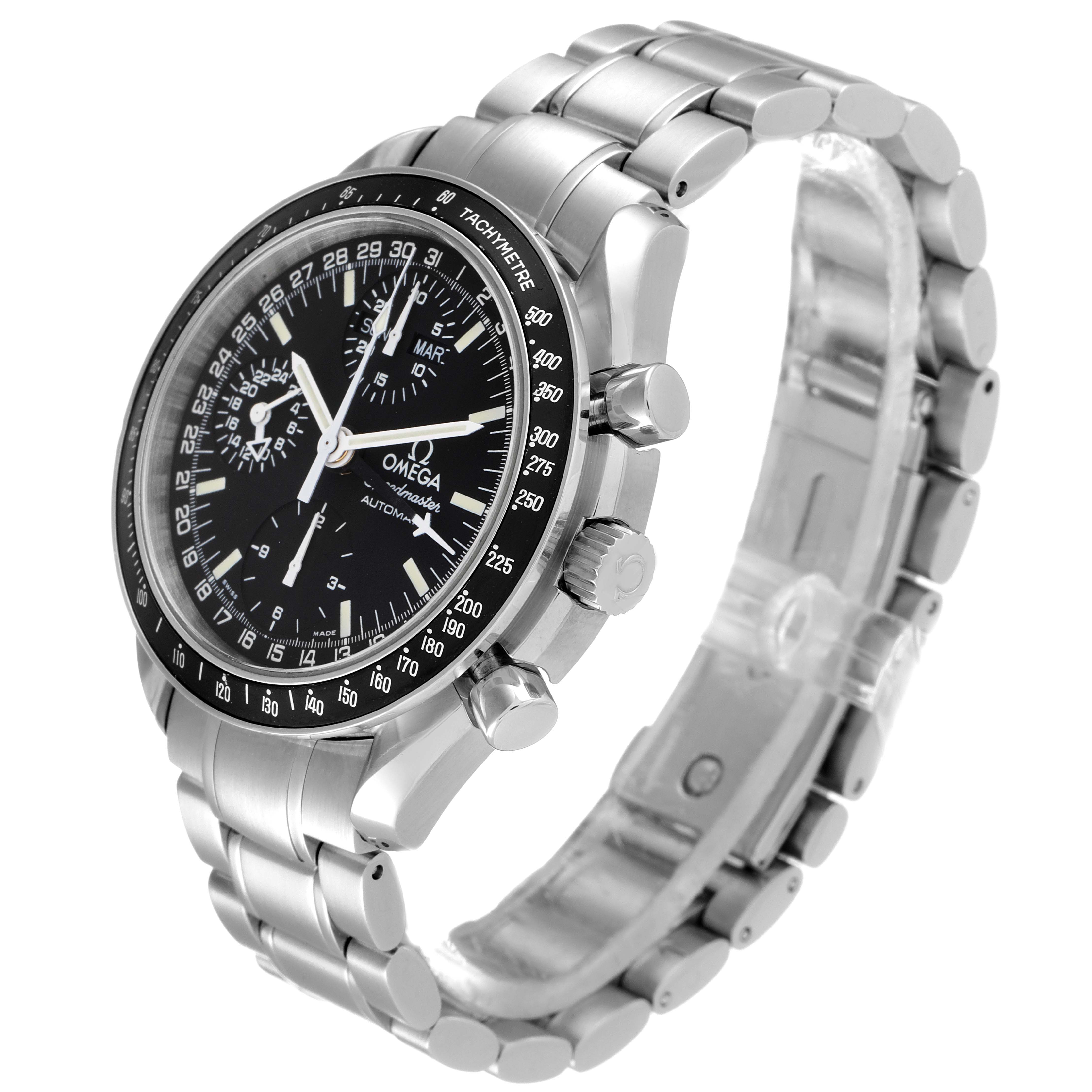 The Omega Speedmaster 3520.50.00 Men
s Stainless Steel Black Dial 3520.50.00 Men
s Stainless Steel Black Dial watch is shown at a three-quarter angle, highlighting the face, bezel, and bracelet.
