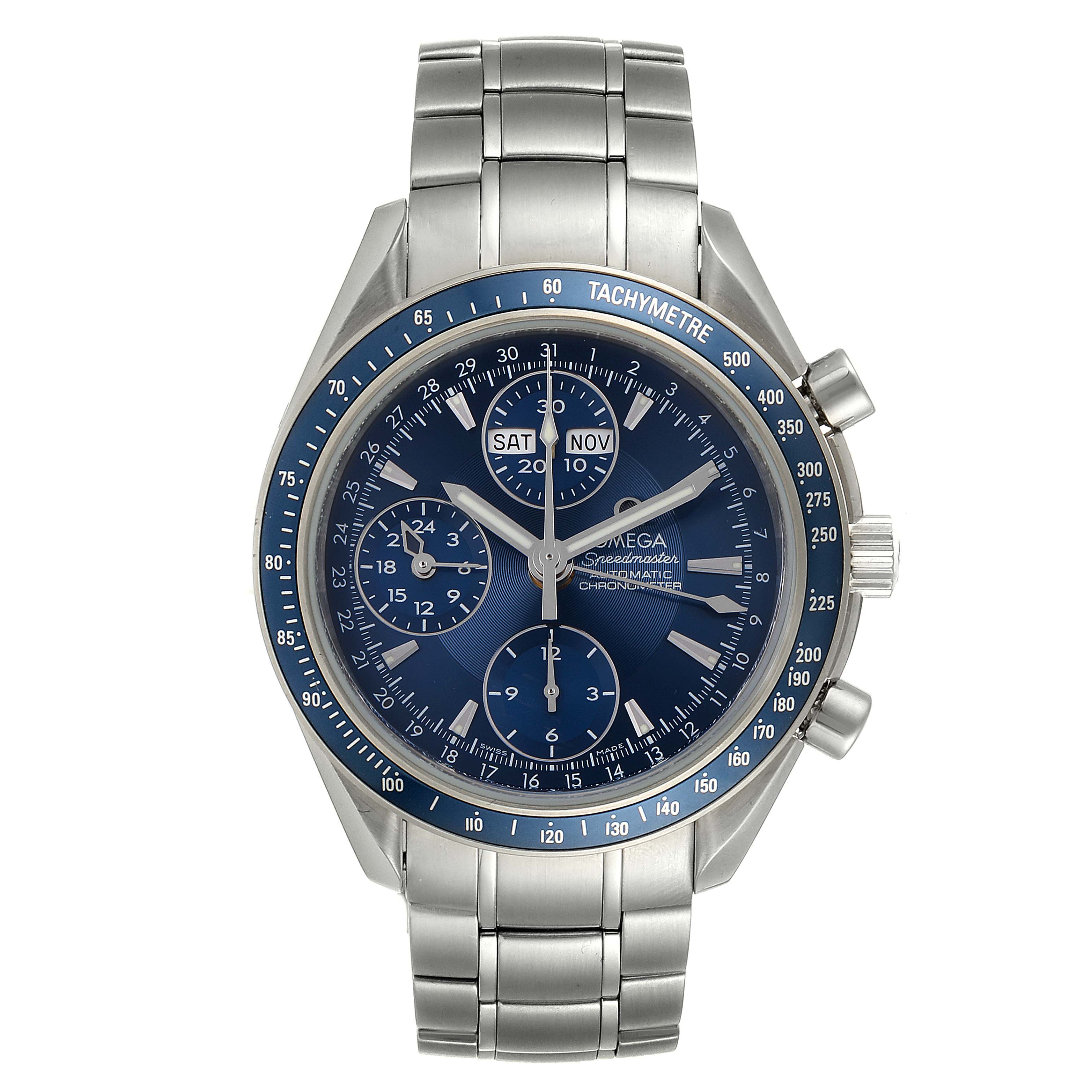 This Omega Speedmaster 3222.80.00 Men
s Stainless Steel Blue Dial 3222.80.00 Men
s Stainless Steel Blue Dial watch is shown from the front, displaying its dial, tachymeter bezel, and metal bracelet.