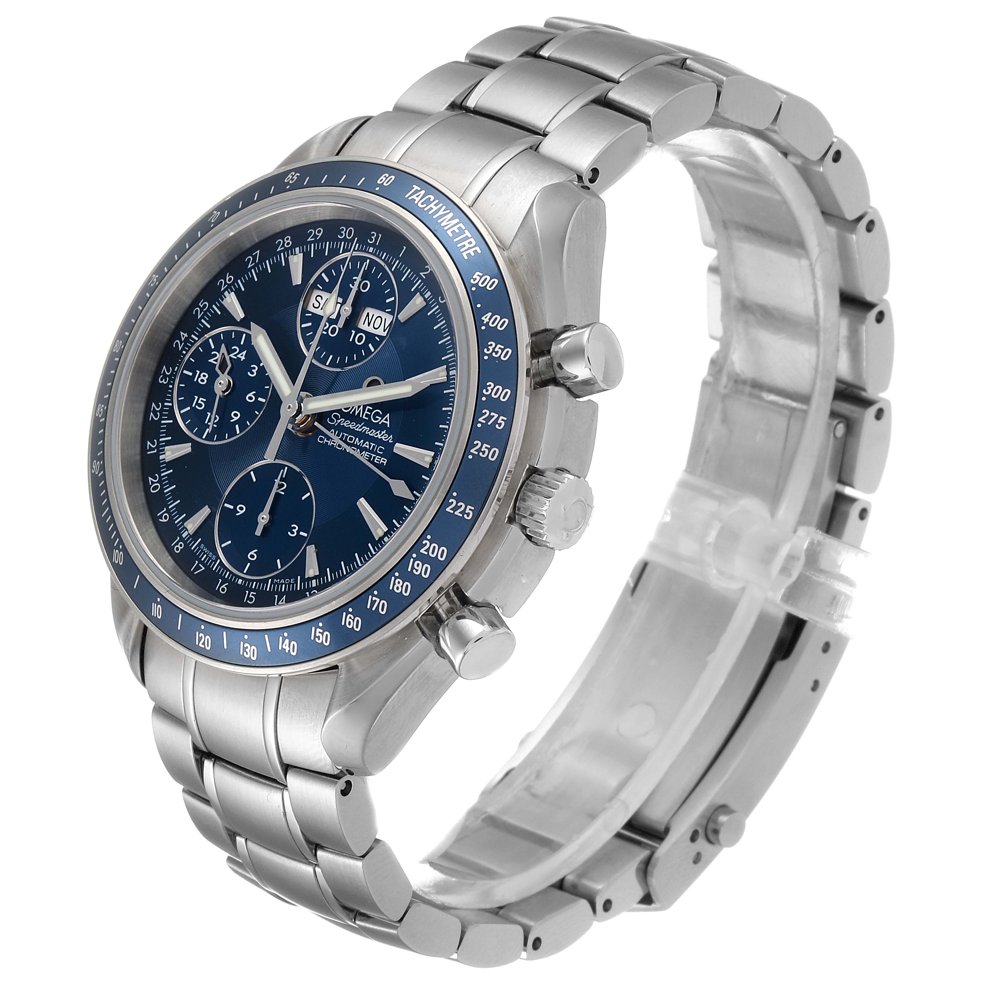 This image shows an Omega Speedmaster 3222.80.00 Men
s Stainless Steel Blue Dial 3222.80.00 Men
s Stainless Steel Blue Dial watch at a three-quarter angle, highlighting the dial, bezel, and stainless steel bracelet.