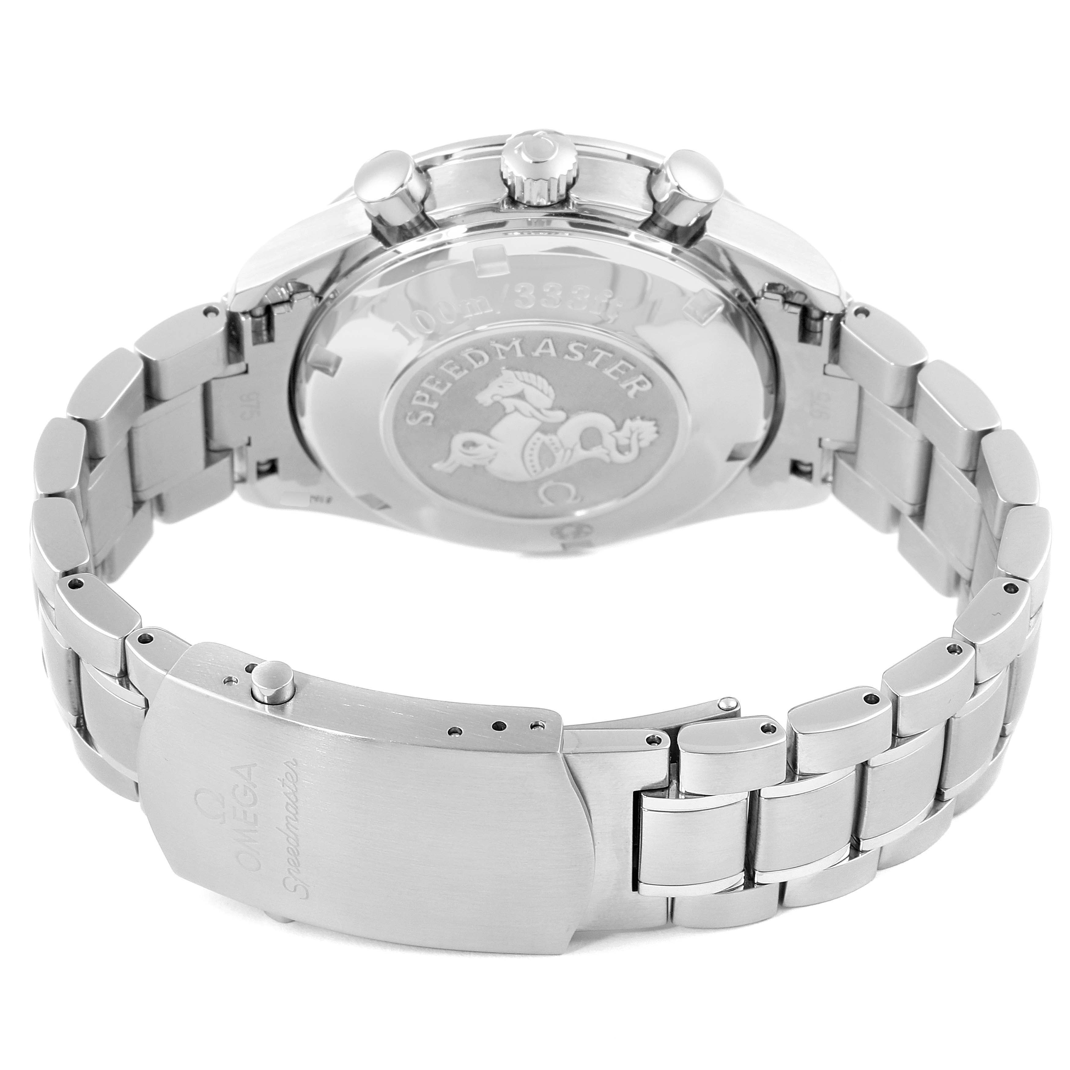This image shows the back case and bracelet of an Omega Speedmaster 3222.80.00 Men
s Stainless Steel Blue Dial 3222.80.00 Men
s Stainless Steel Blue Dial watch, highlighting the clasp, crown, and engraved case back.