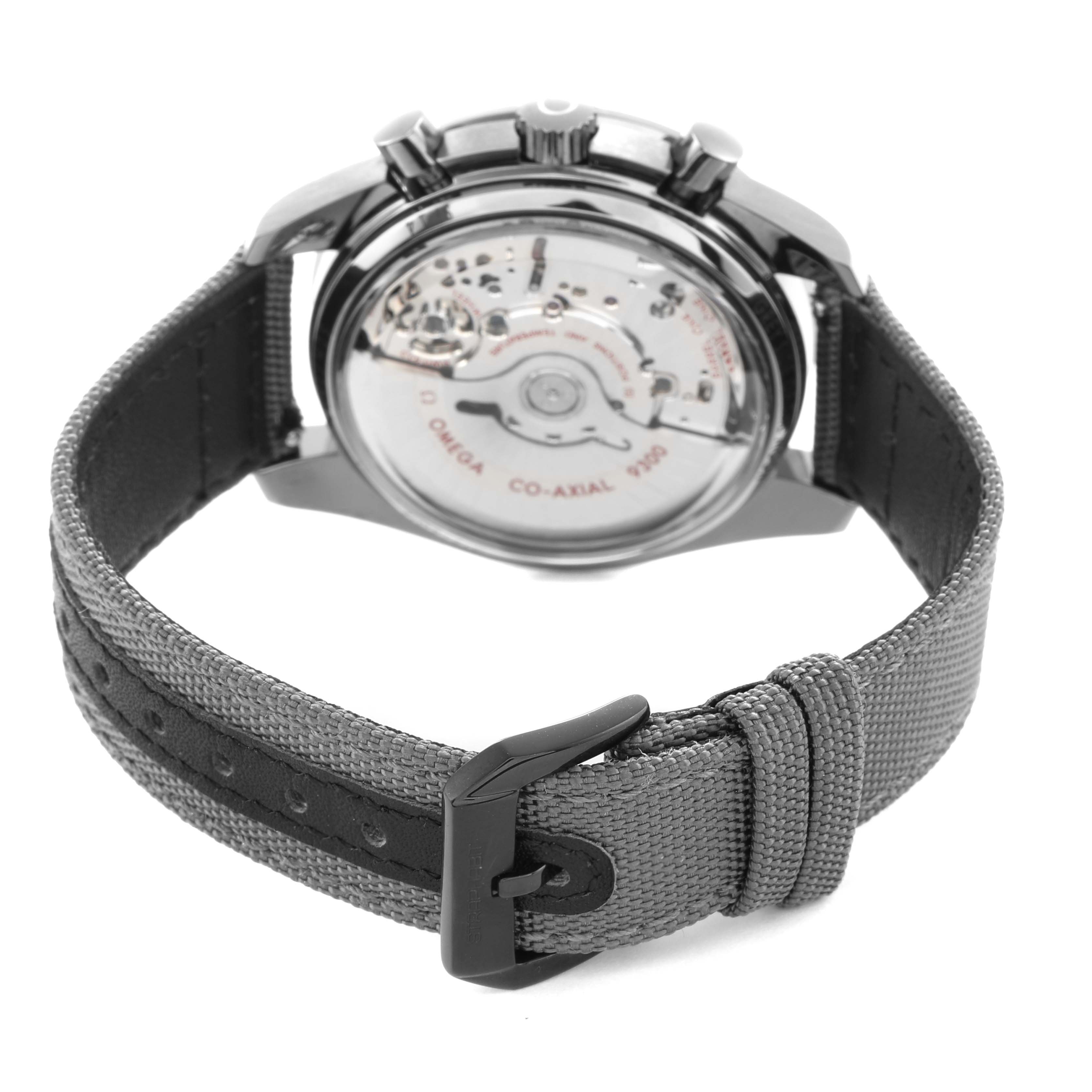 The Omega Speedmaster 311.93.44.51.99.002 Men's Ceramic Silver Dial watch is shown from the backside, highlighting the exhibition case back and strap.