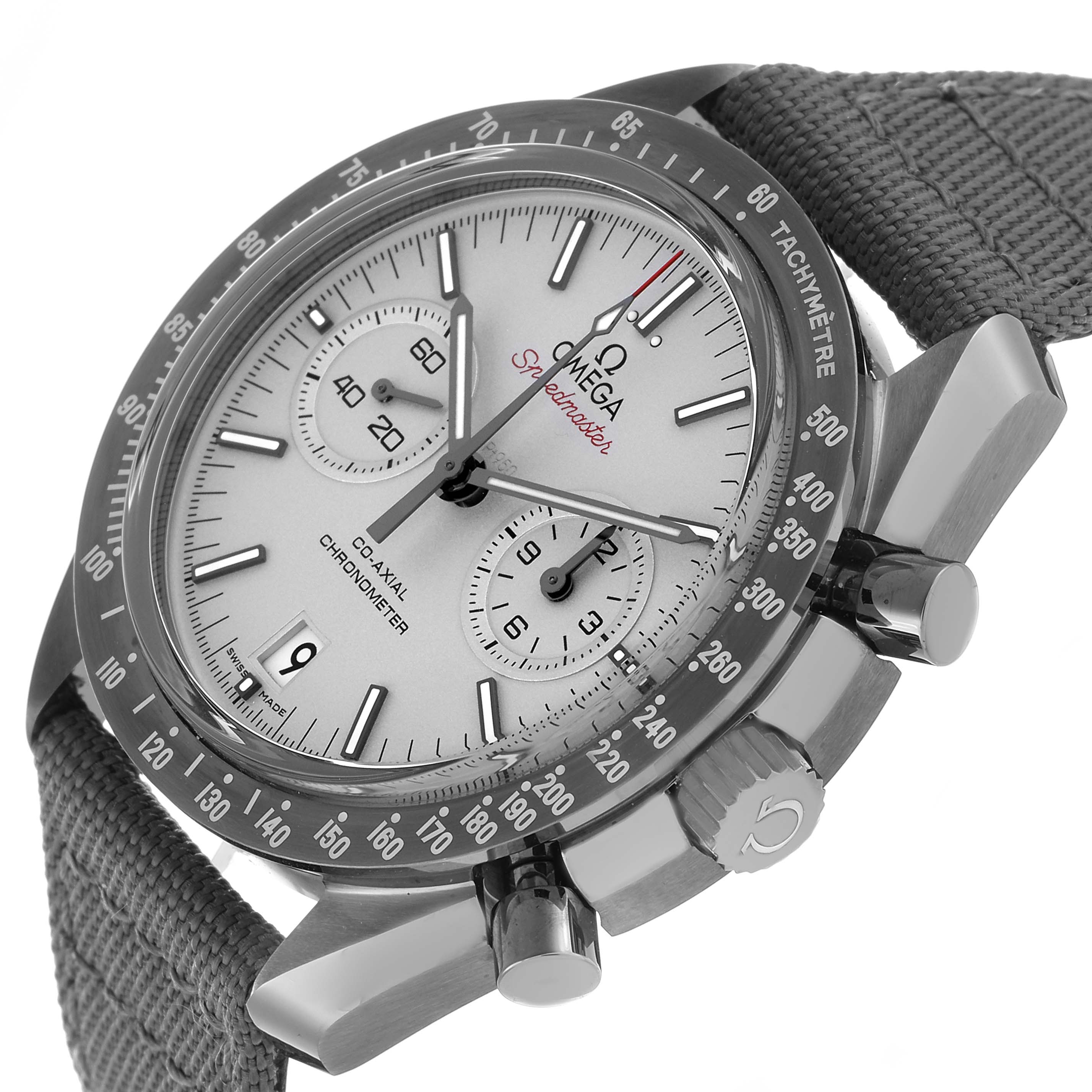 The Omega Speedmaster 311.93.44.51.99.002 Men's Ceramic Silver Dial is shown at an angled side view, highlighting its dial, bezel, subdials, and textured strap.