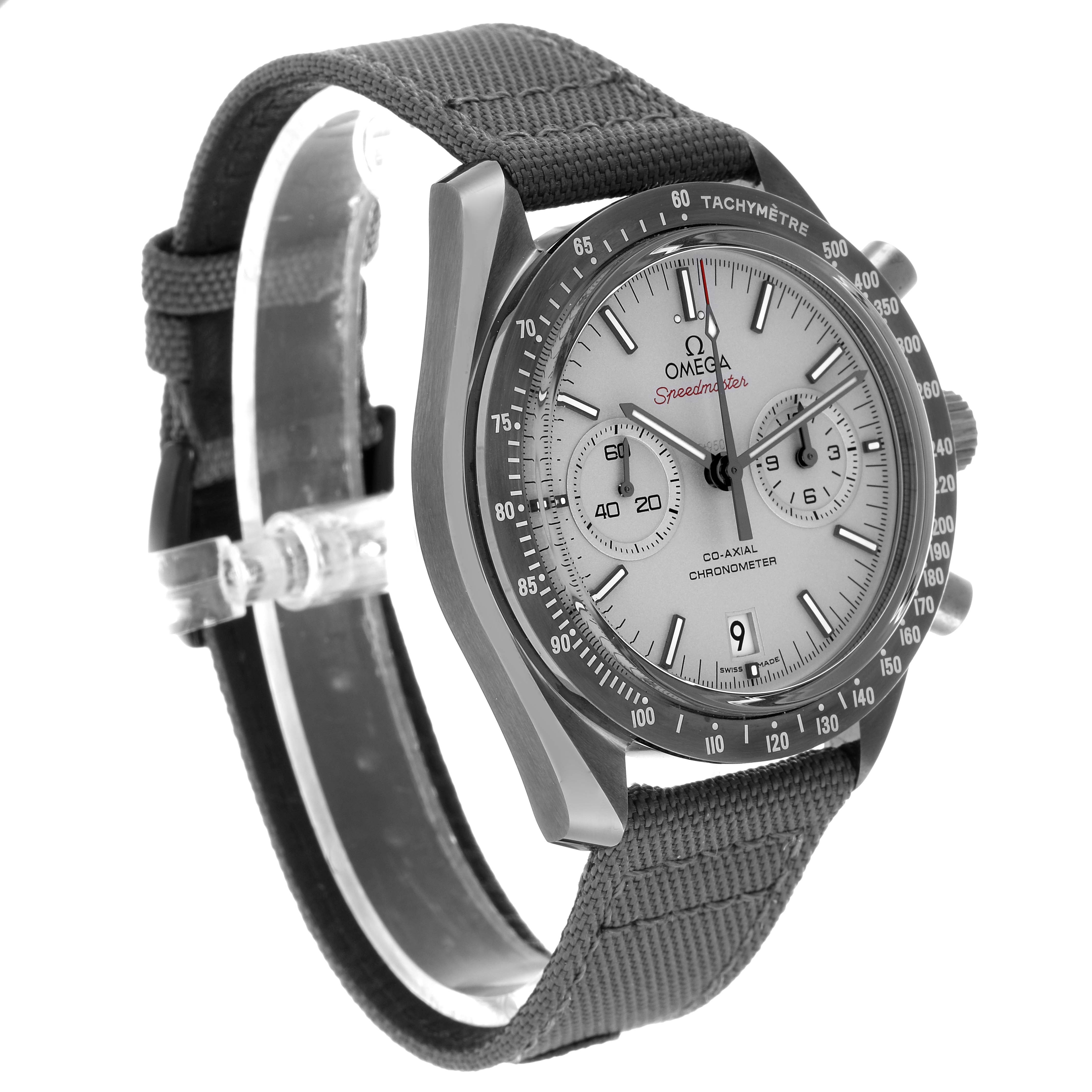 The Omega Speedmaster 311.93.44.51.99.002 Men's Ceramic Silver Dial watch is shown at a three-quarter angle, highlighting the face, bezel, pushers, and strap.