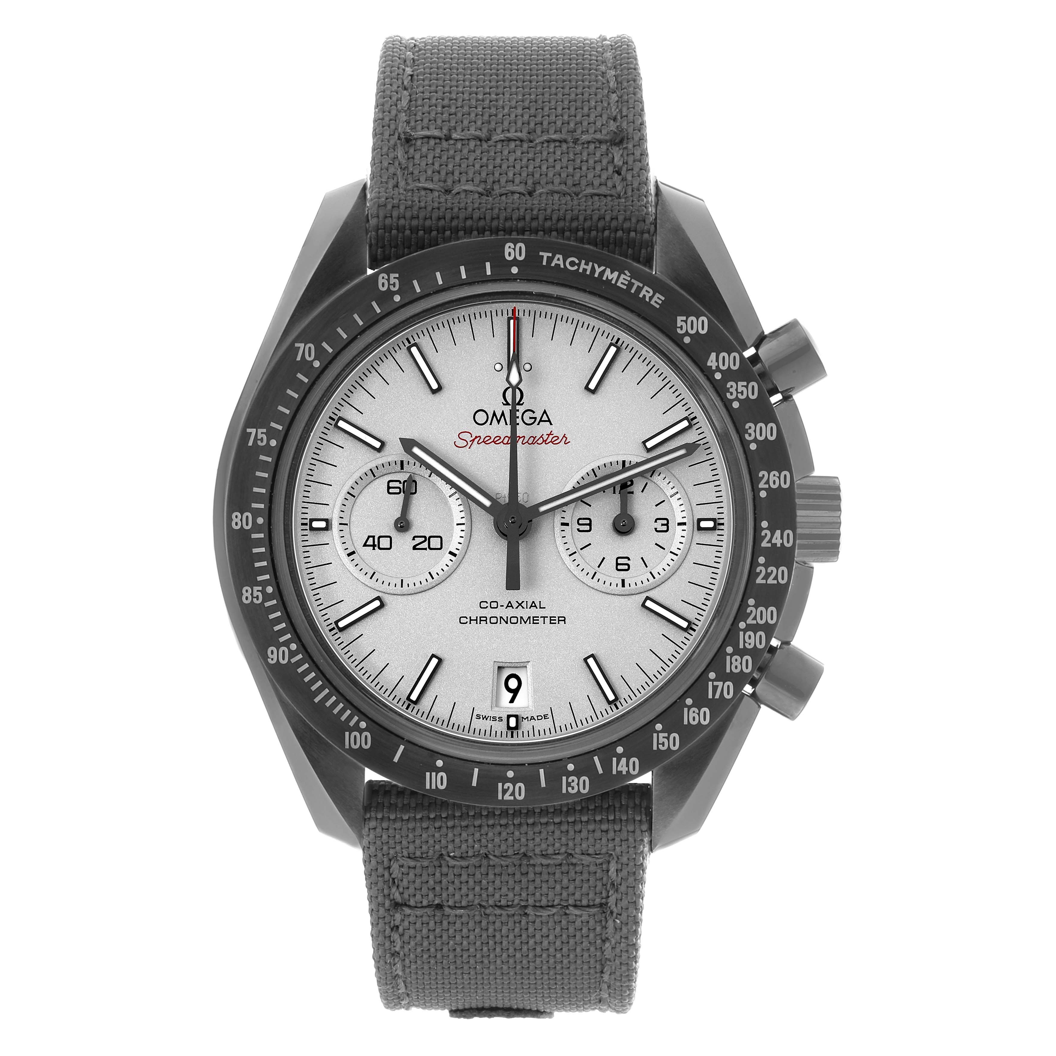 The Omega Speedmaster 311.93.44.51.99.002 Men's Ceramic Silver Dial watch is shown from a top-down angle, displaying the face, tachymeter bezel, and chronograph subdials.