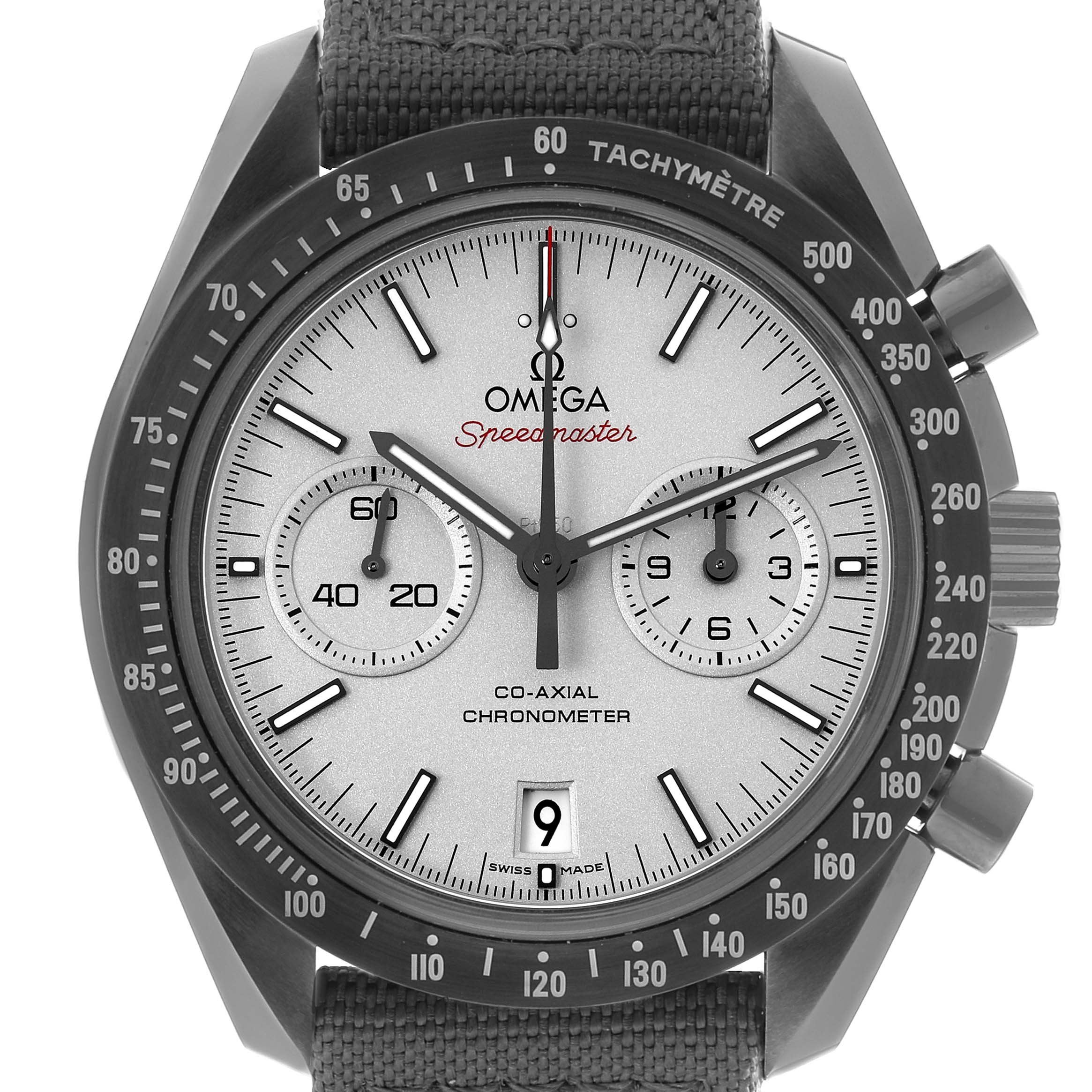The Omega Speedmaster 311.93.44.51.99.002 Men's Ceramic Silver Dial watch is shown from the front, highlighting its dial, subdials, bezel, and tachymetre.