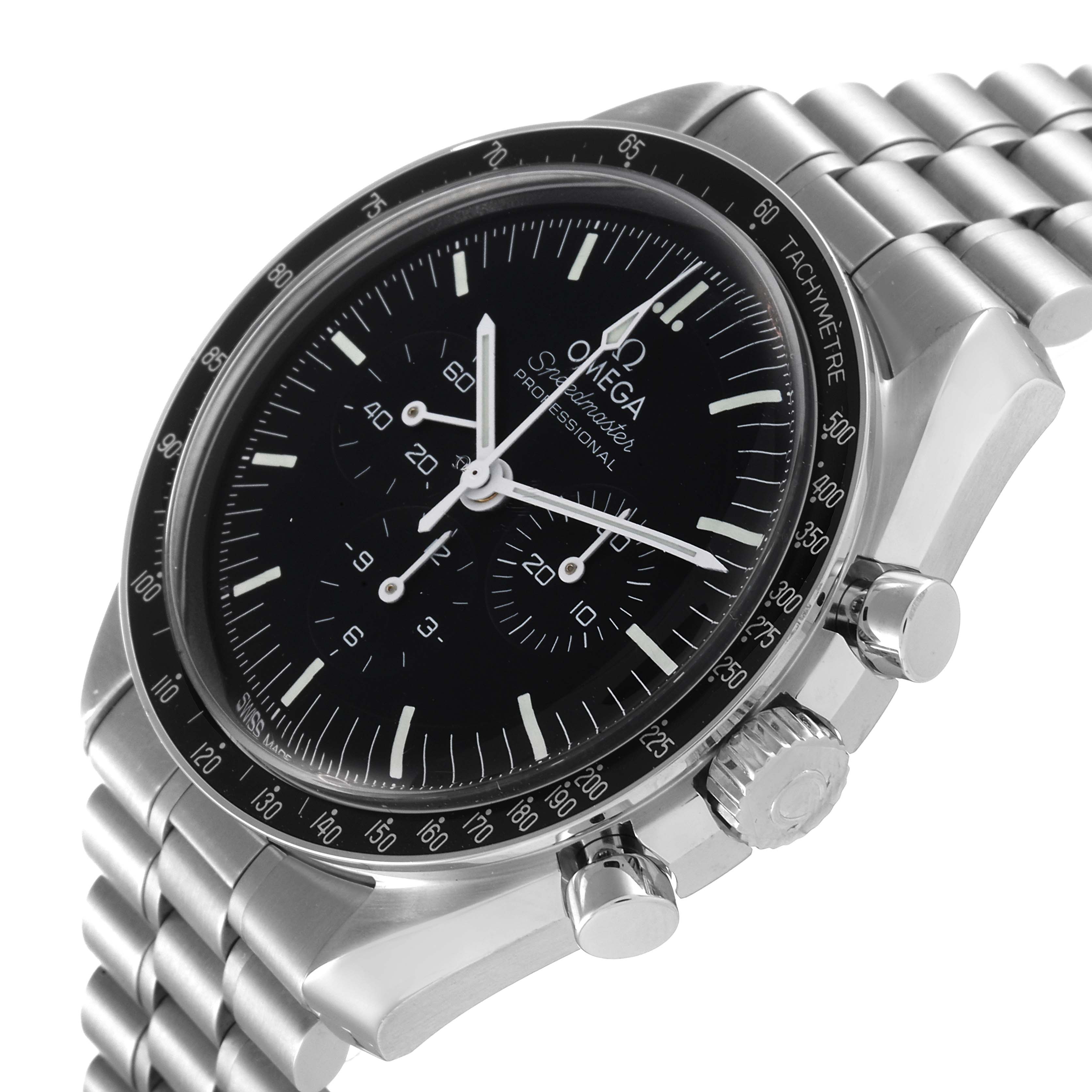 The Omega Speedmaster 310.30.42.50.01.001 Men's Stainless Steel Black Dial 310.30.42.50.01.001 Men's Stainless Steel Black Dial watch is shown at an oblique angle, displaying its dial, bezel, crown, pushers, and part of the bracelet.