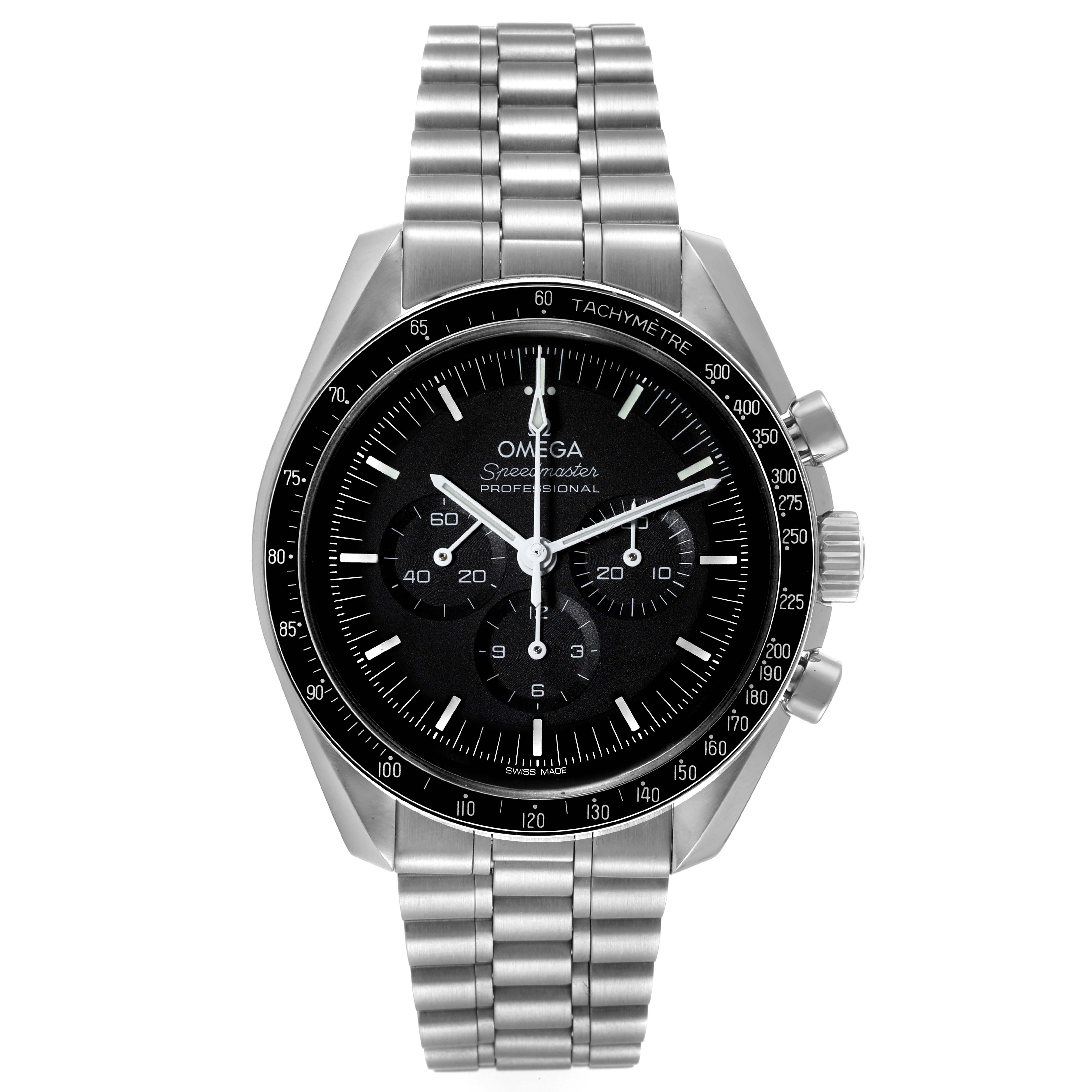 This Omega Speedmaster 310.30.42.50.01.001 Men's Stainless Steel Black Dial 310.30.42.50.01.001 Men's Stainless Steel Black Dial watch is shown from the front, displaying its dial, chronograph subdials, and metal bracelet.