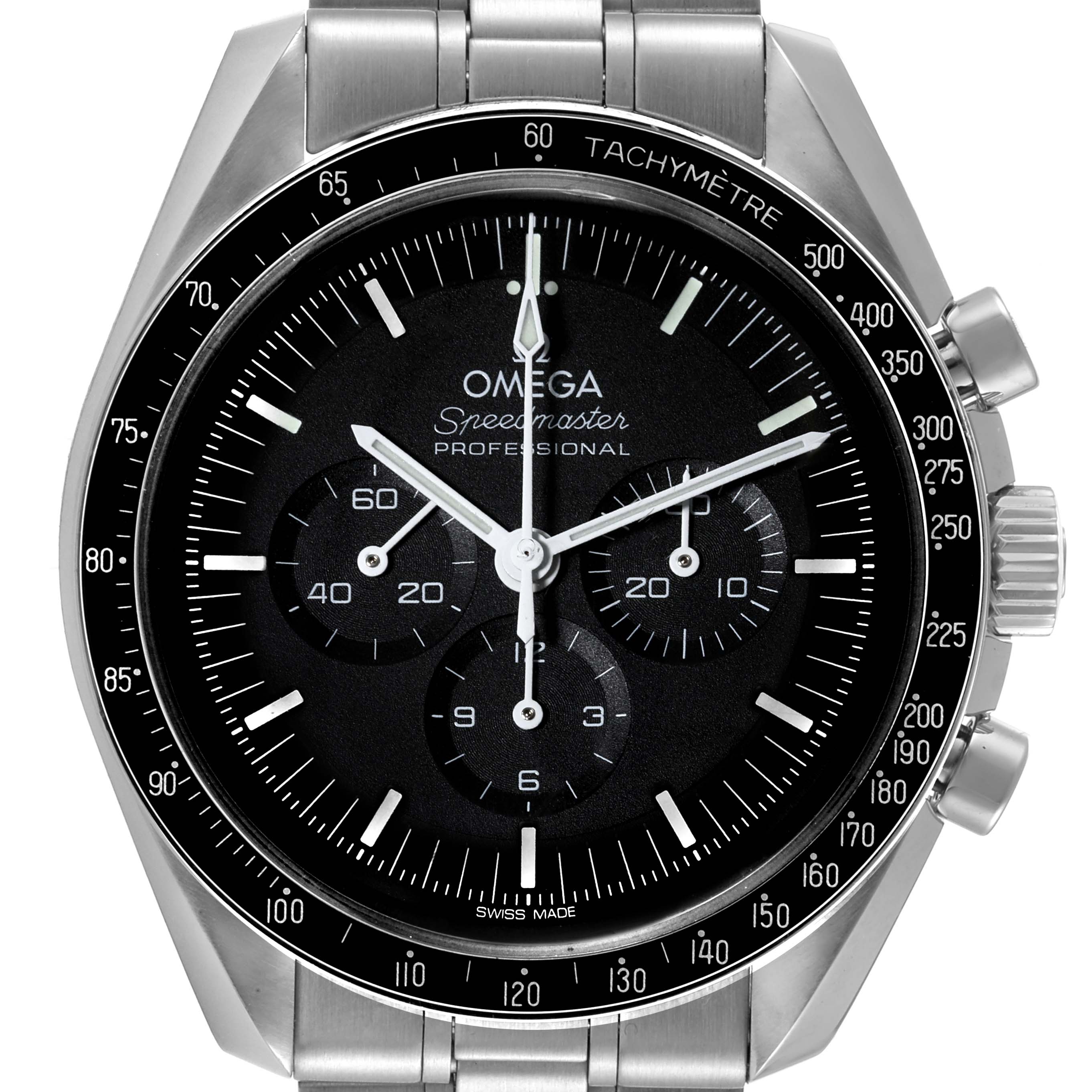 The image shows a front view of the Omega Speedmaster 310.30.42.50.01.001 Men's Stainless Steel Black Dial 310.30.42.50.01.001 Men's Stainless Steel Black Dial watch, highlighting its face, bezel, and metal bracelet.