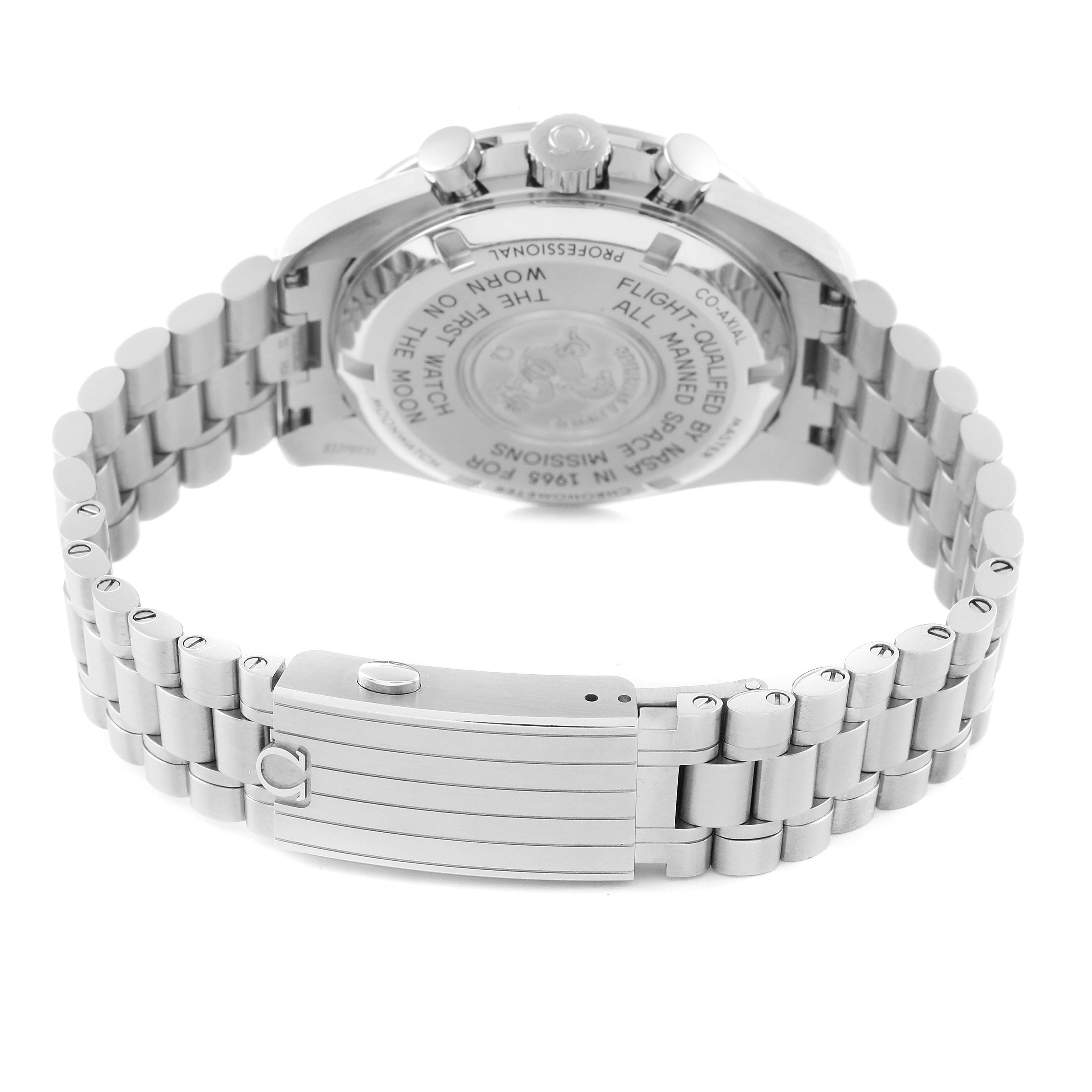 This Omega Speedmaster 310.30.42.50.01.001 Men's Stainless Steel Black Dial 310.30.42.50.01.001 Men's Stainless Steel Black Dial watch is shown from the back, highlighting the case back, clasp, and bracelet.