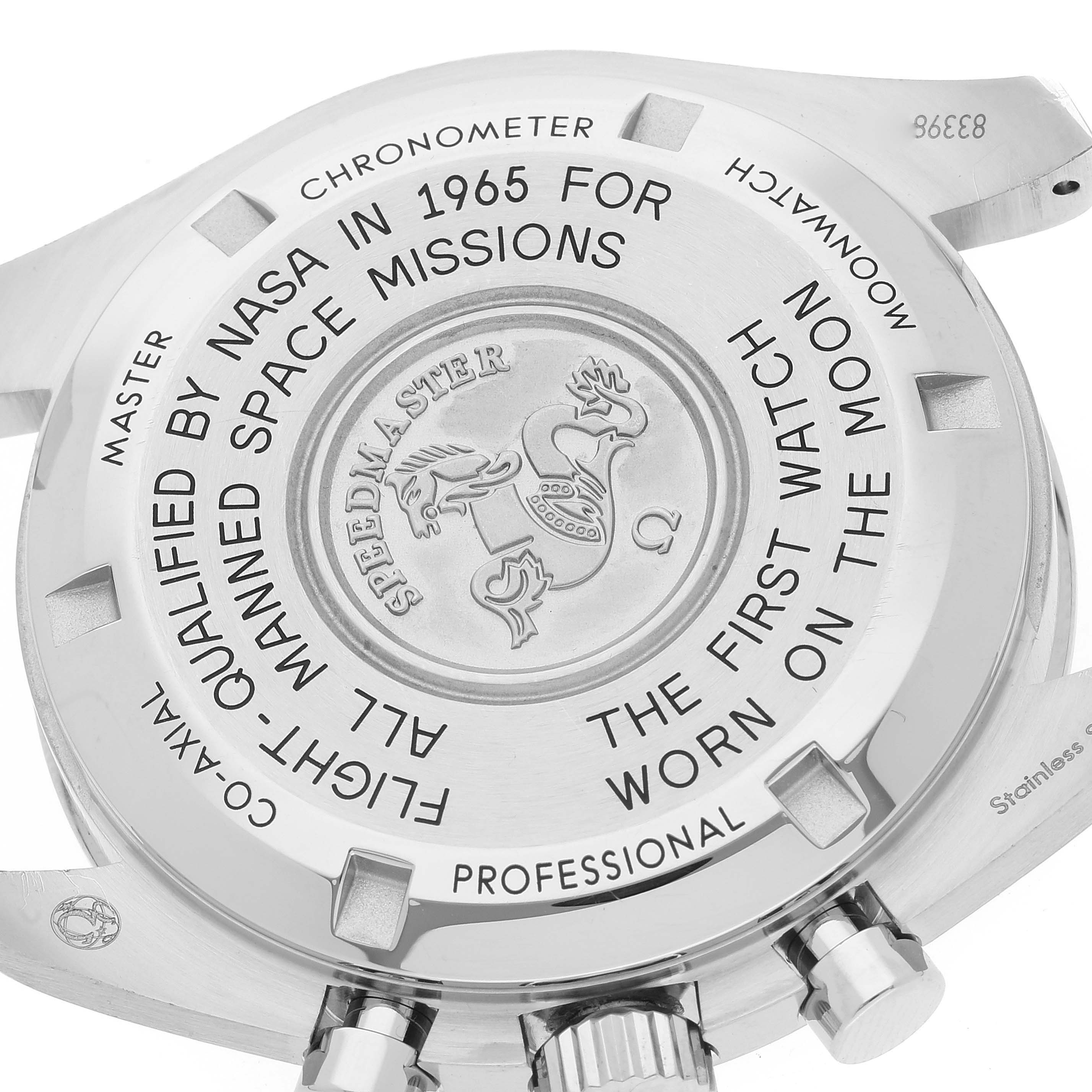 This image shows the case back of the Omega Speedmaster 310.30.42.50.01.001 Men's Stainless Steel Black Dial 310.30.42.50.01.001 Men's Stainless Steel Black Dial, along with parts of the crown and pushers.