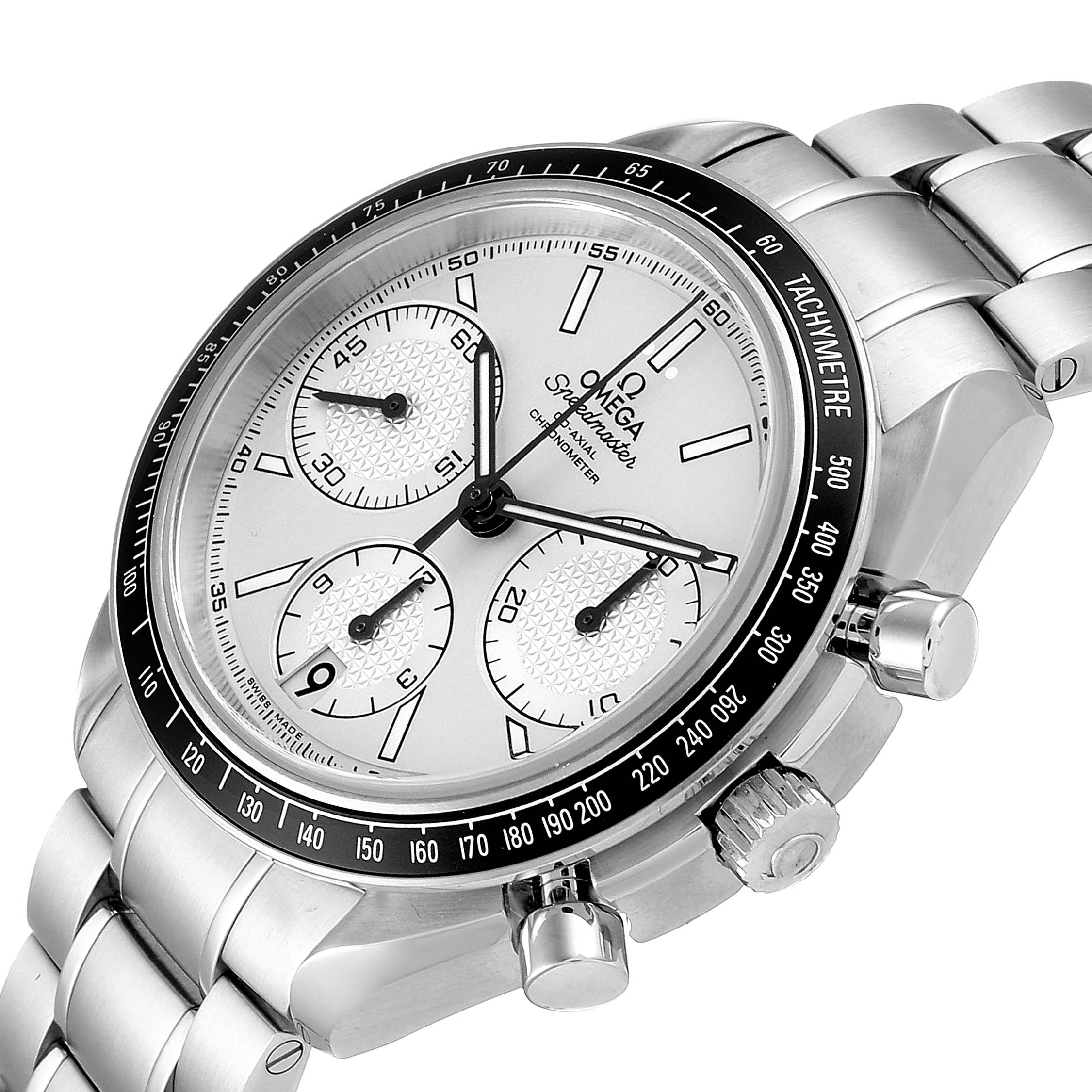 The image shows an Omega Speedmaster 326.30.40.50.02.001  Men
s Stainless Steel Silver Dial 326.30.40.50.02.001  Men
s Stainless Steel Silver Dial watch from a slightly angled view, highlighting its face, buttons, and stainless steel bracelet.
