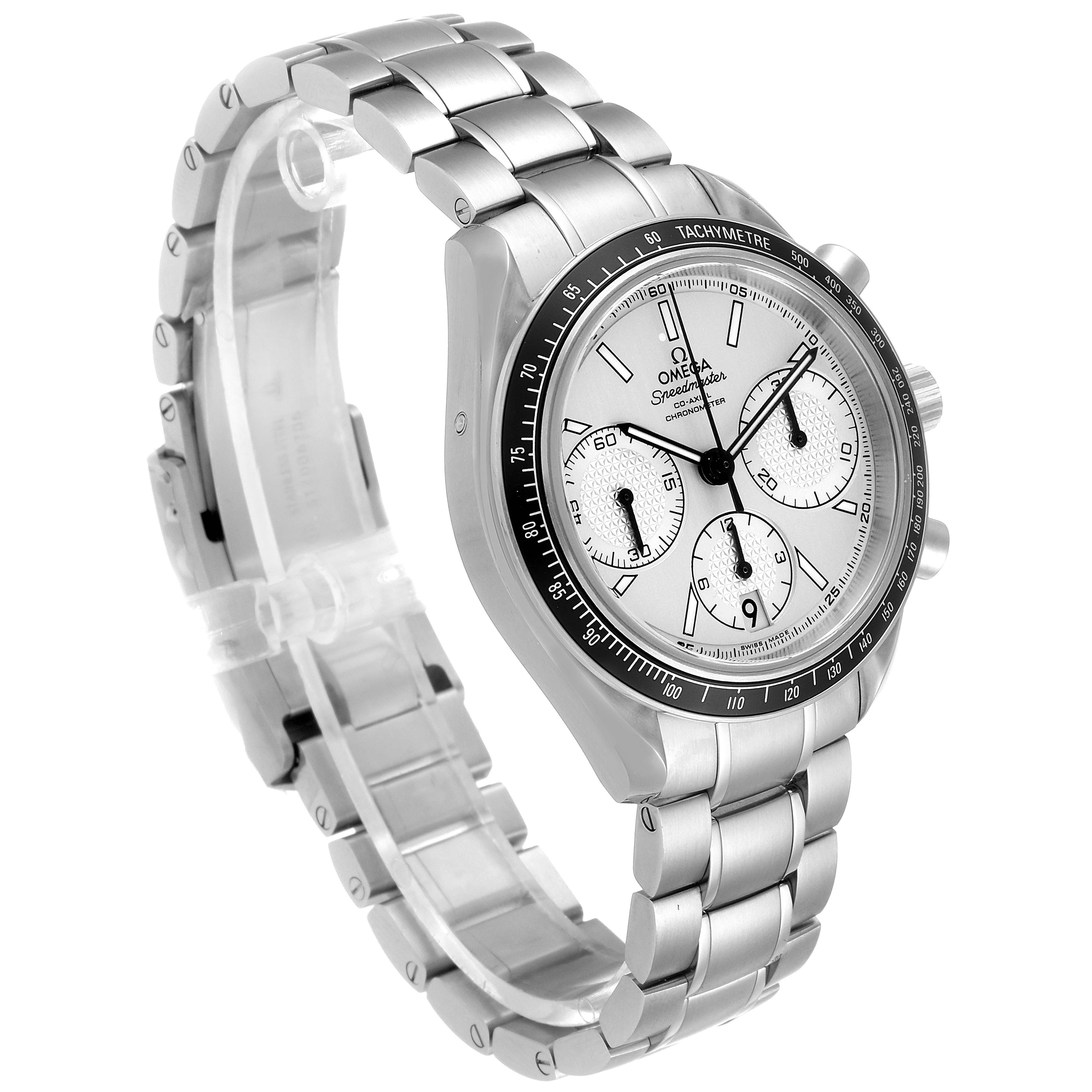 This image shows a stainless steel Omega Speedmaster 326.30.40.50.02.001  Men
s Stainless Steel Silver Dial 326.30.40.50.02.001  Men
s Stainless Steel Silver Dial watch at a three-quarter angle, showcasing the face, bezel, and bracelet.