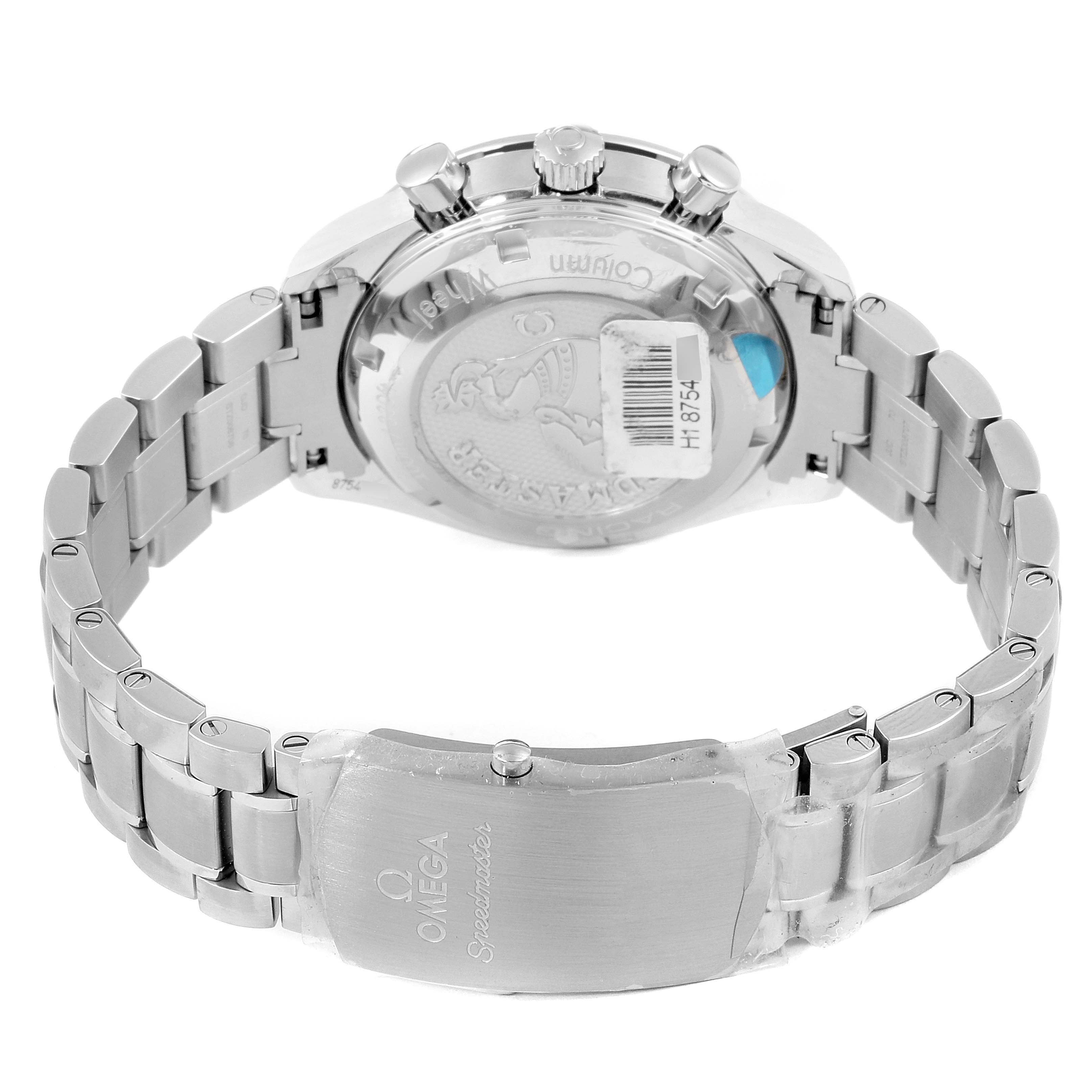 The image shows the back view of an Omega Speedmaster 326.30.40.50.02.001  Men
s Stainless Steel Silver Dial 326.30.40.50.02.001  Men
s Stainless Steel Silver Dial watch focusing on the clasp and case back.