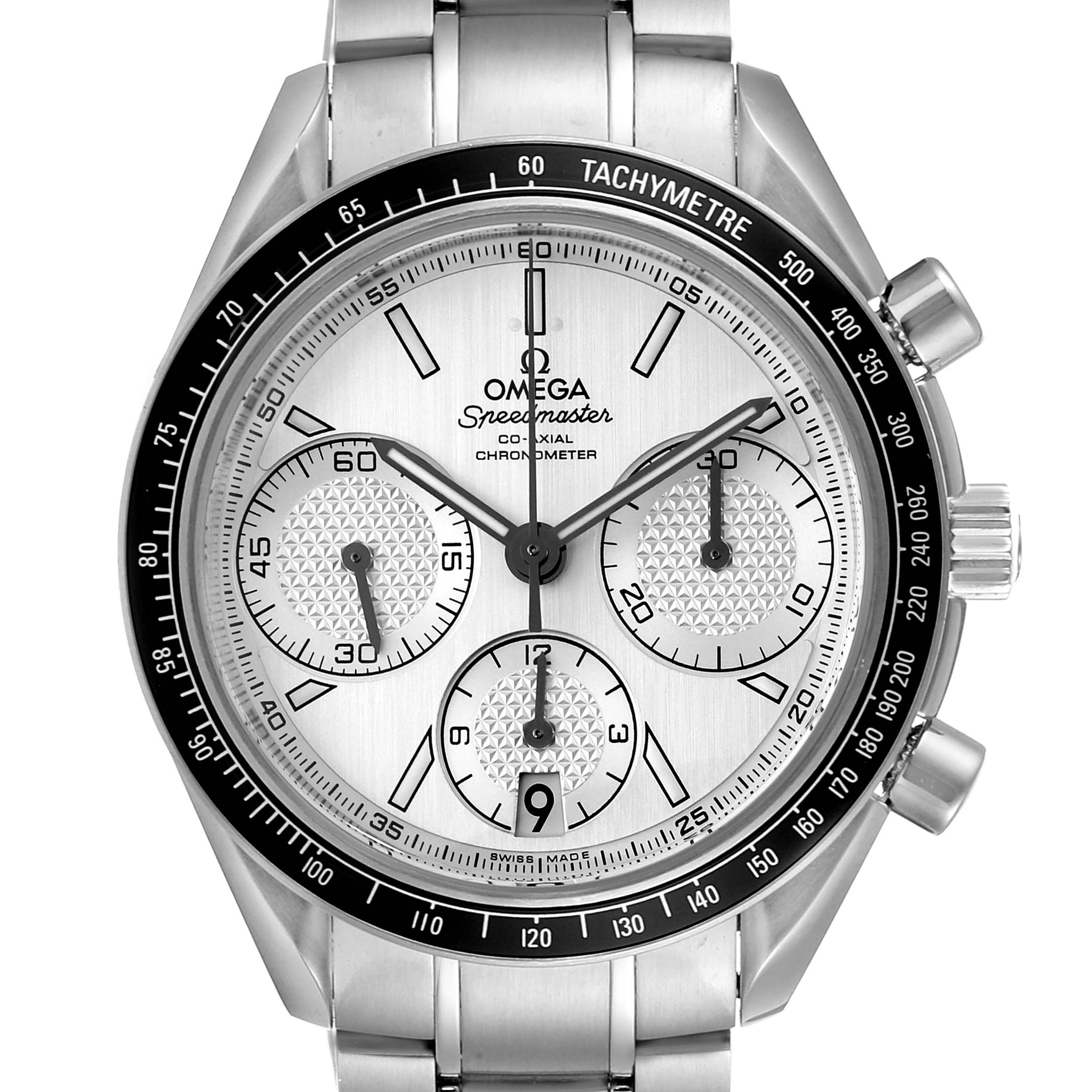 The image shows a front view of the Omega Speedmaster 326.30.40.50.02.001  Men
s Stainless Steel Silver Dial 326.30.40.50.02.001  Men
s Stainless Steel Silver Dial, highlighting its dial, sub-dials, bezel, and part of the bracelet.