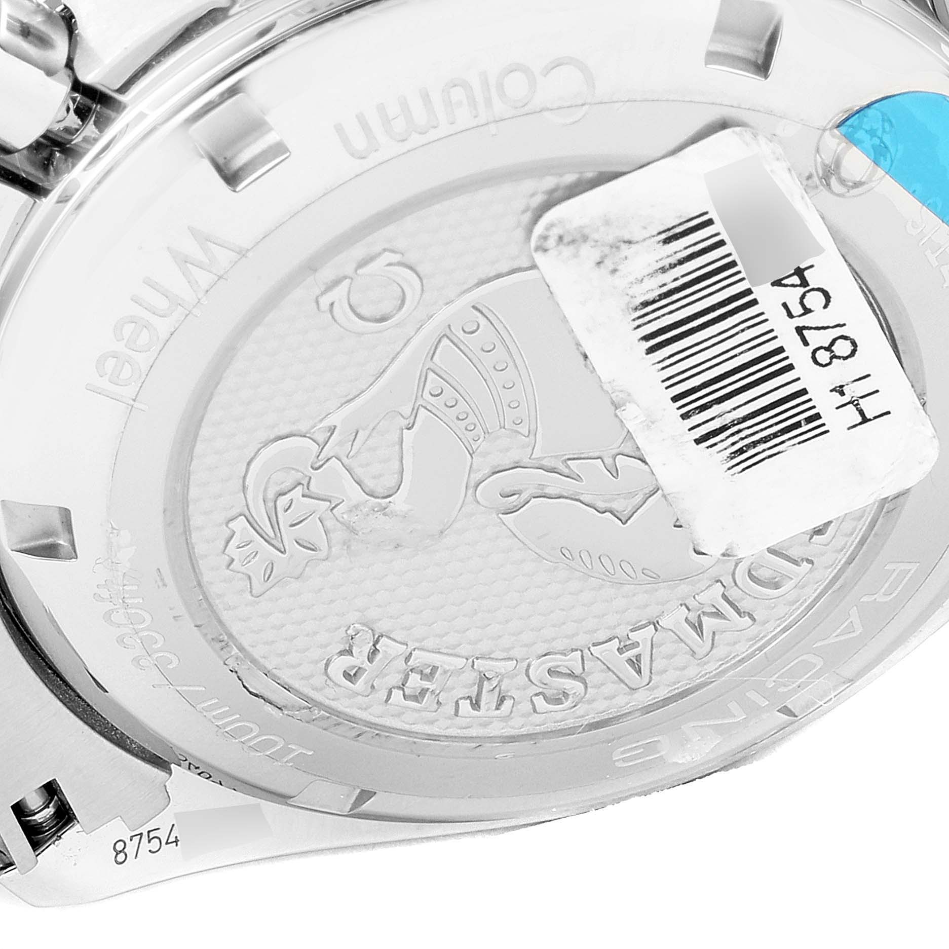 The image shows the back case of an Omega Speedmaster 326.30.40.50.02.001  Men
s Stainless Steel Silver Dial 326.30.40.50.02.001  Men
s Stainless Steel Silver Dial watch at a close-up angle.