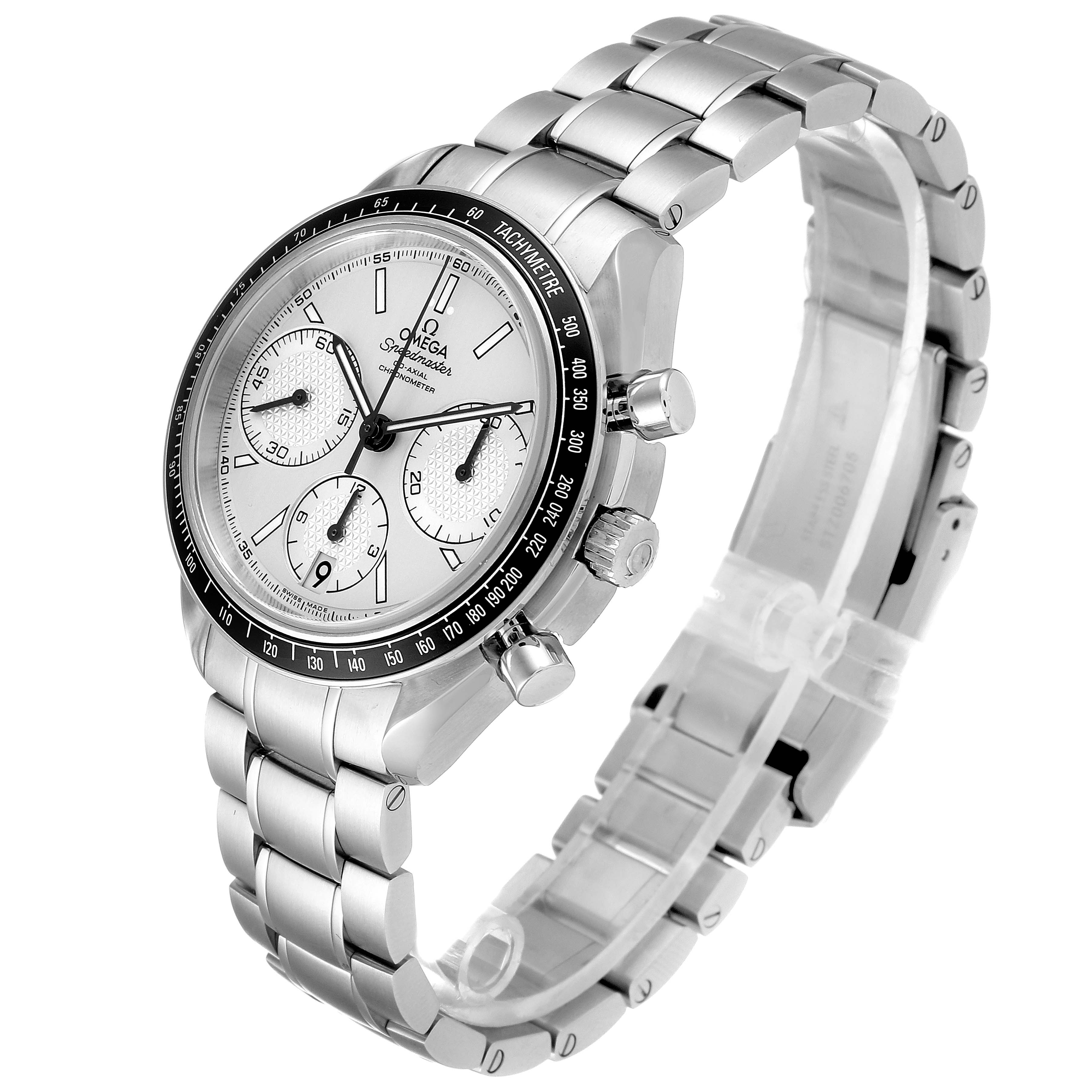 The Omega Speedmaster 326.30.40.50.02.001  Men
s Stainless Steel Silver Dial 326.30.40.50.02.001  Men
s Stainless Steel Silver Dial watch is shown at an angle highlighting the dial, bezel, pushers, crown, and metal bracelet.