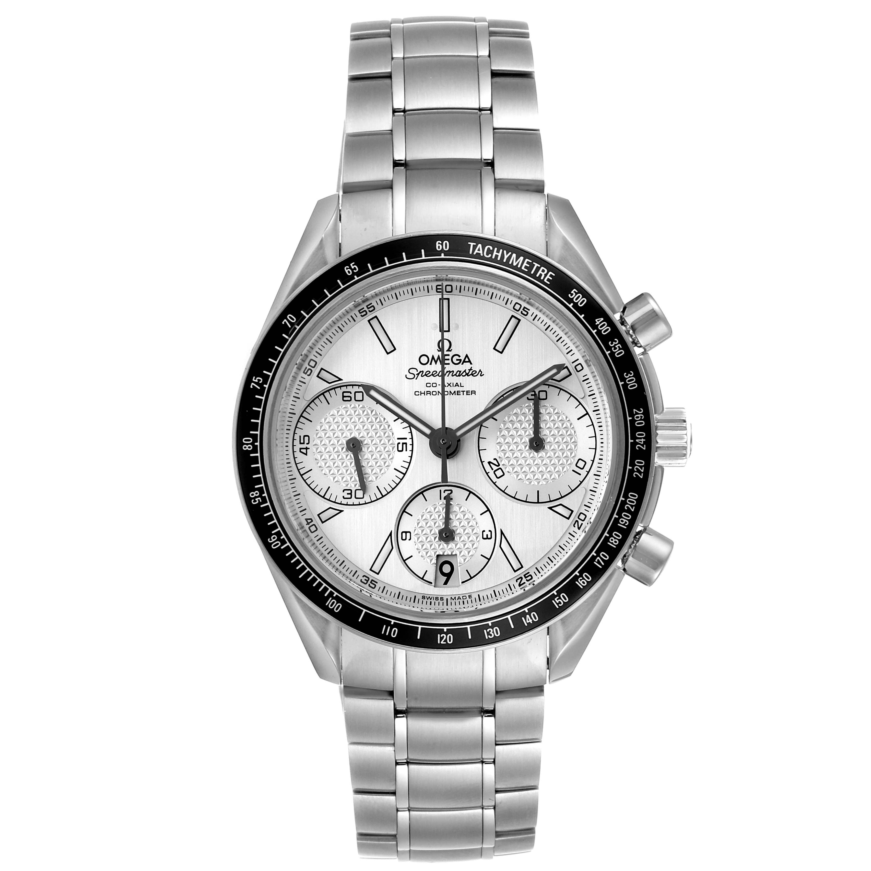 This image shows a front view of the Omega Speedmaster 326.30.40.50.02.001  Men
s Stainless Steel Silver Dial 326.30.40.50.02.001  Men
s Stainless Steel Silver Dial watch, detailing its dial, bezel, and metal bracelet.