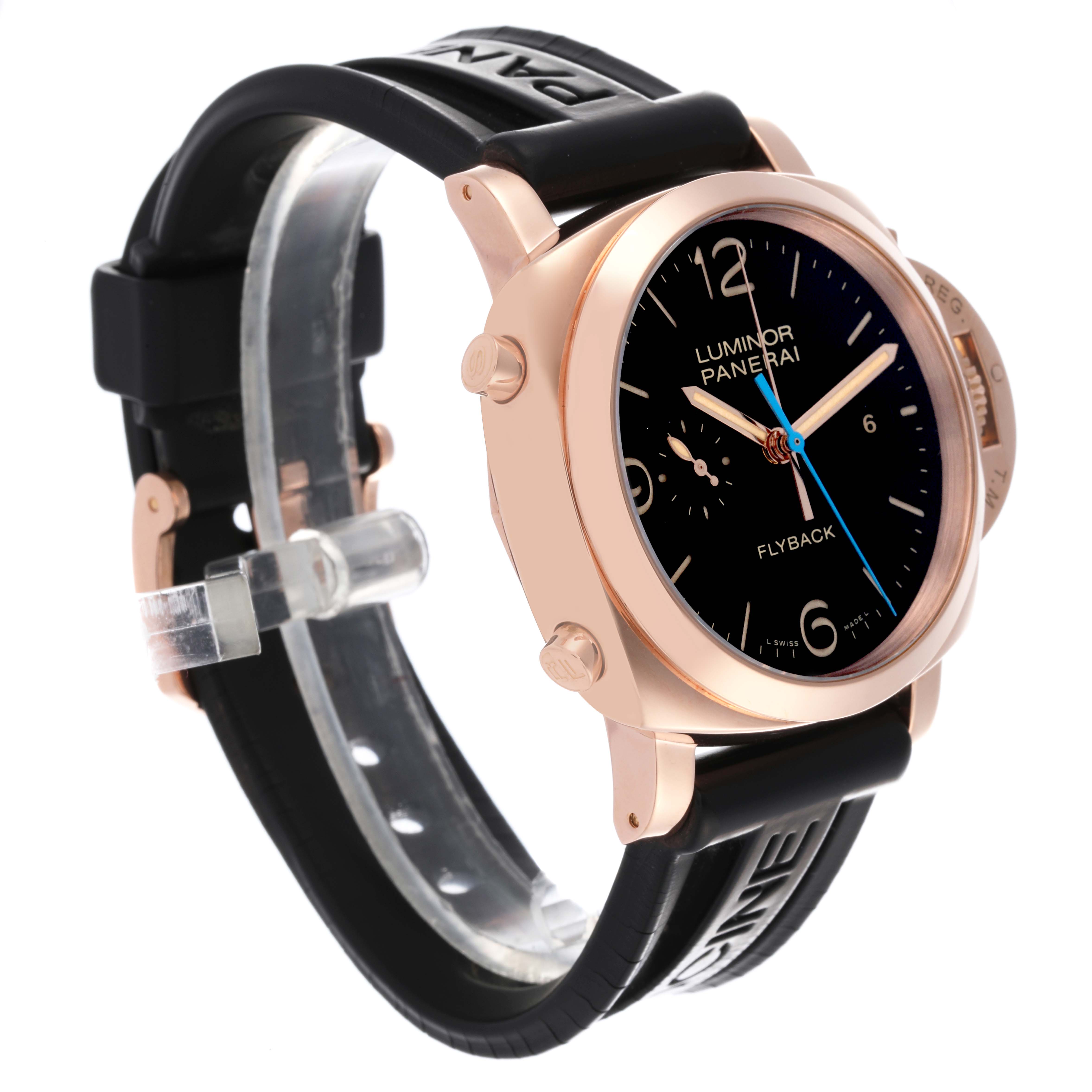 The watch, a Panerai Luminor PAM00525 Men's Rose Gold Black Dial PAM00525 Men's Rose Gold Black Dial model, is shown at a slight angle highlighting the face, case, and part of the strap.