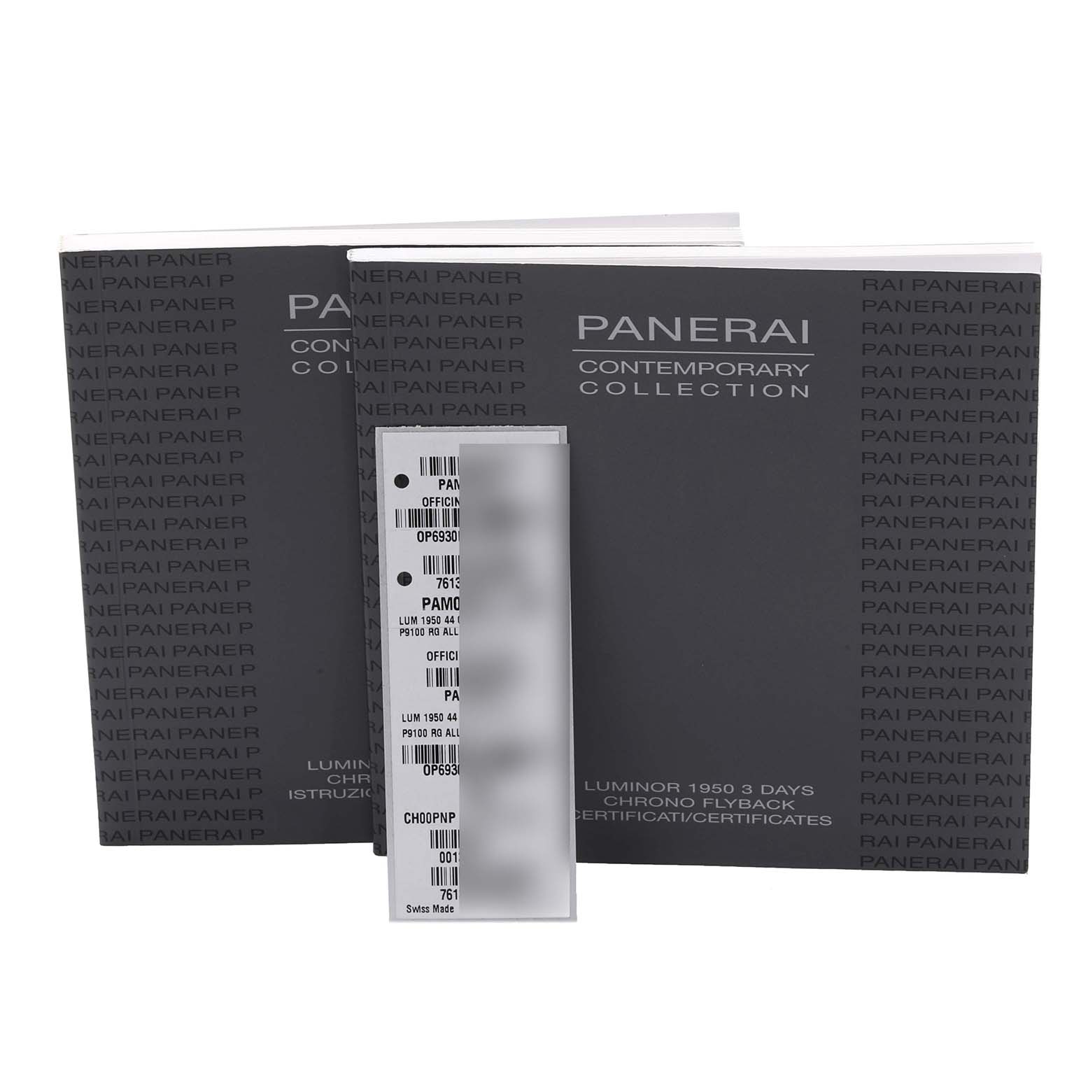 The image shows Panerai Luminor PAM00525 Men's Rose Gold Black Dial PAM00525 Men's Rose Gold Black Dial watch booklets and tags, displayed from a frontal angle.