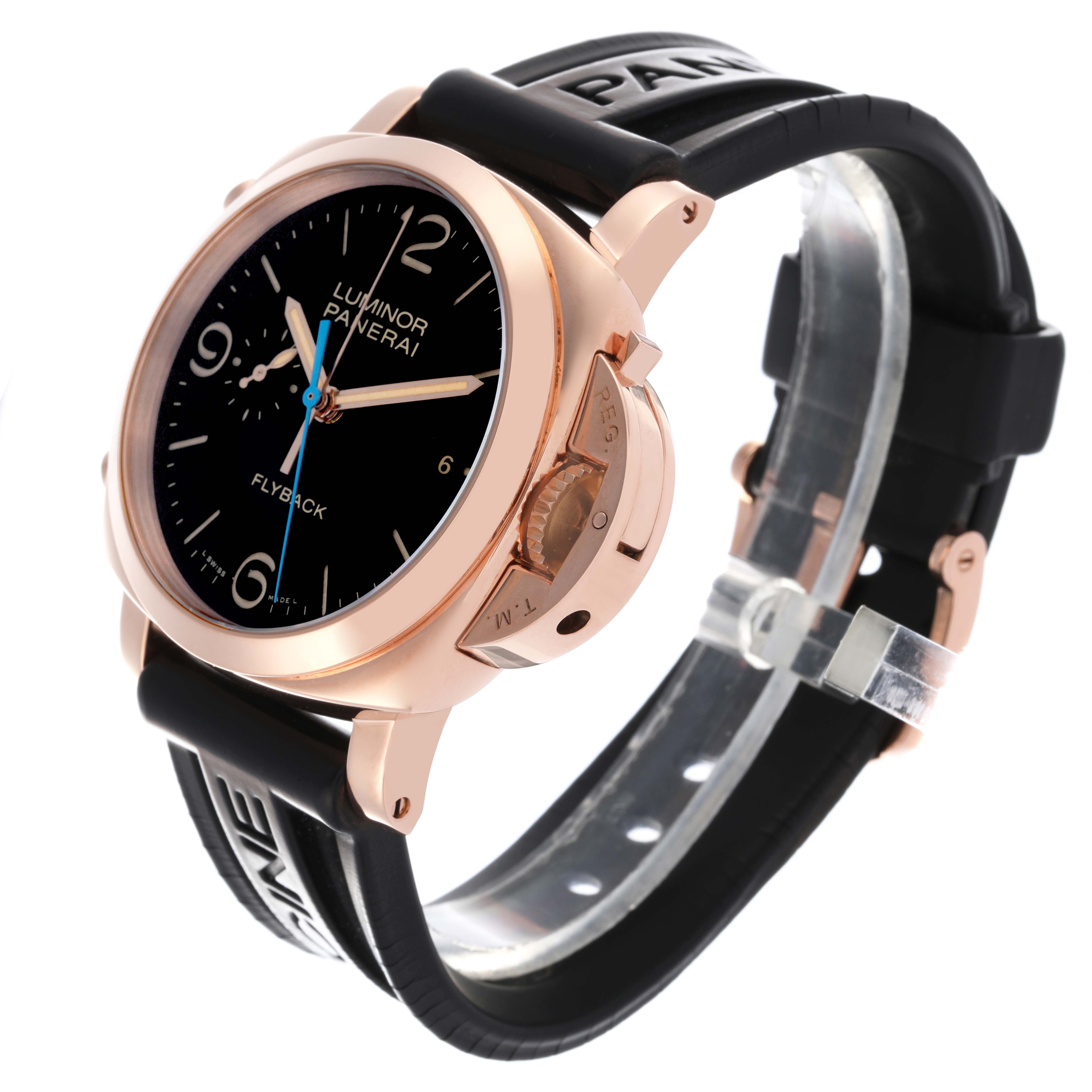 The Panerai Luminor PAM00525 Men's Rose Gold Black Dial PAM00525 Men's Rose Gold Black Dial watch is shown from a three-quarter angle, highlighting the dial, crown guard, and strap.