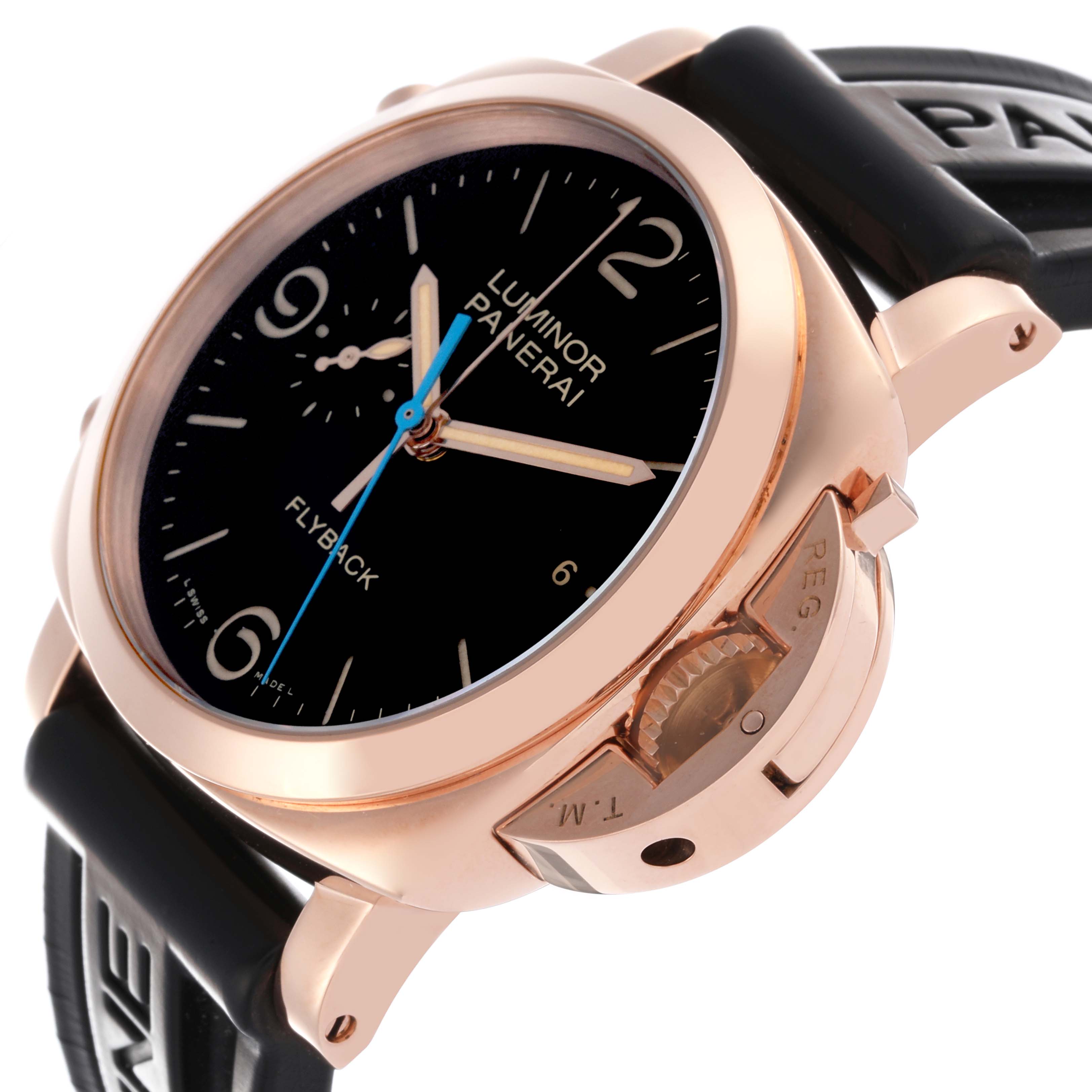The Panerai Luminor PAM00525 Men's Rose Gold Black Dial PAM00525 Men's Rose Gold Black Dial watch is shown from an angled side view, highlighting its crown guard and black dial.