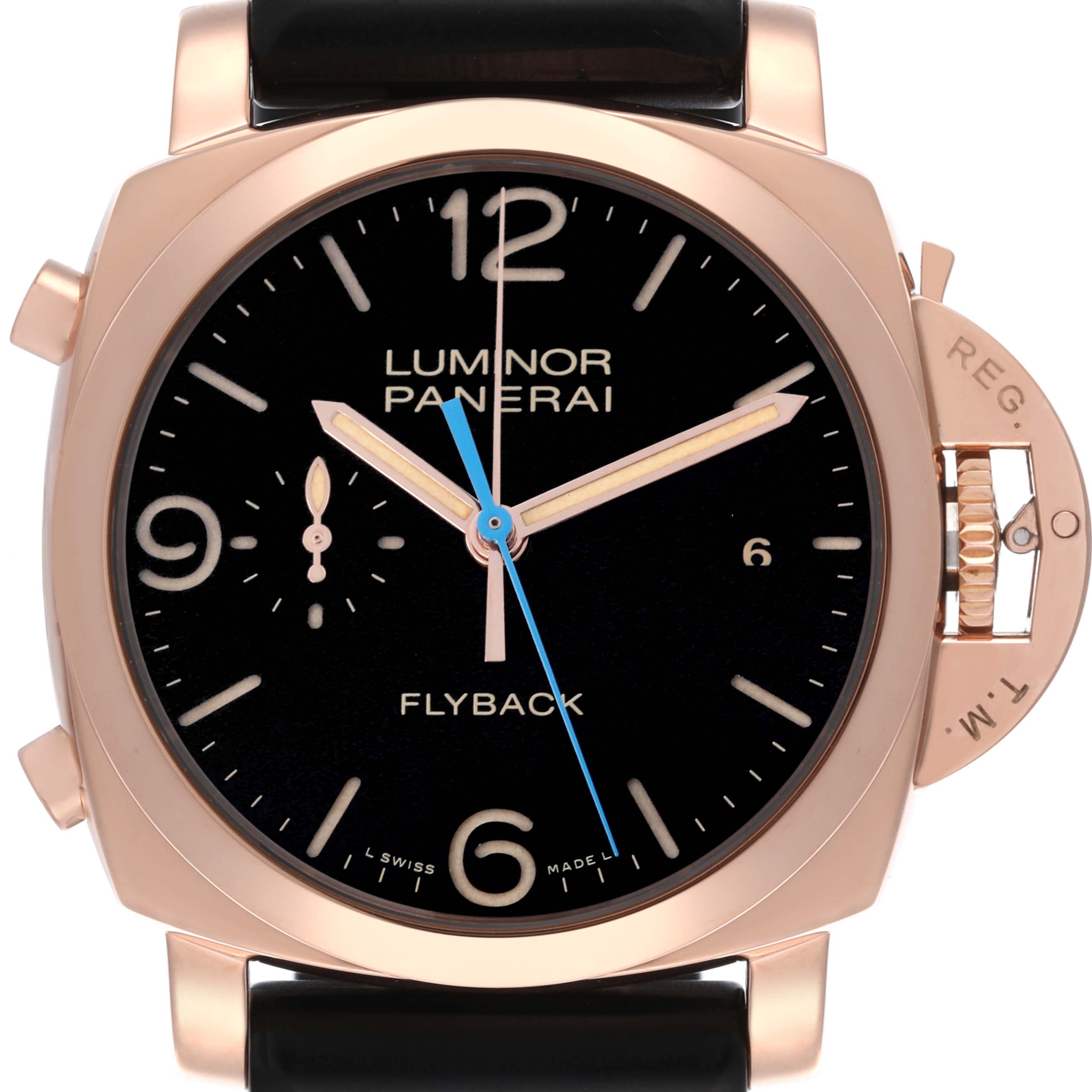 The Panerai Luminor PAM00525 Men's Rose Gold Black Dial PAM00525 Men's Rose Gold Black Dial watch is shown from a front angle, highlighting the dial, case, and distinctive crown guard.