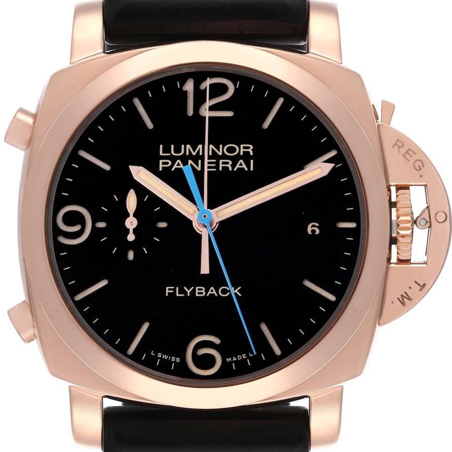 The Panerai Luminor watch is shown from a front angle, highlighting the dial, case, and distinctive crown guard.