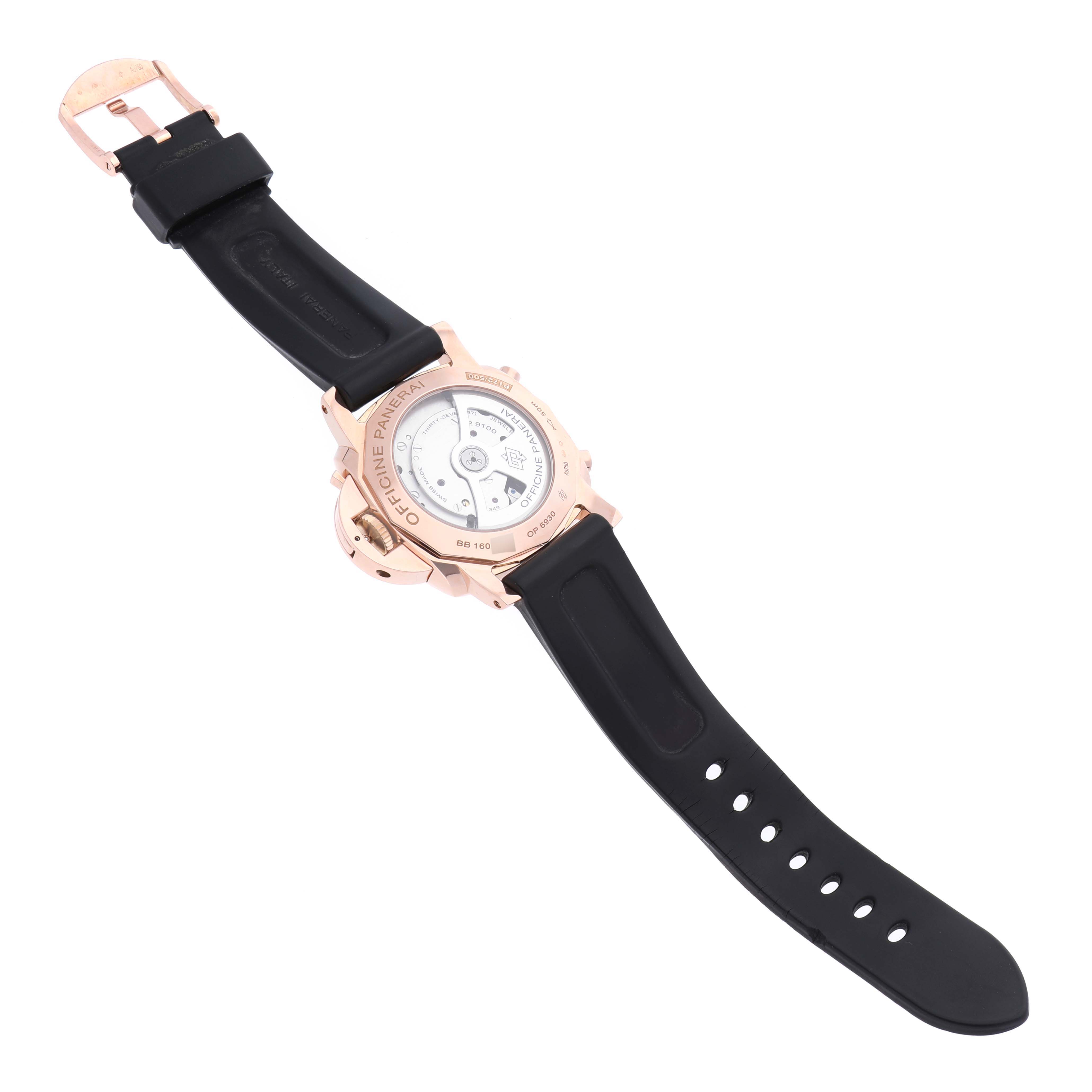 The Panerai Luminor PAM00525 Men's Rose Gold Black Dial PAM00525 Men's Rose Gold Black Dial watch is shown from the back, highlighting its strap and transparent case back.