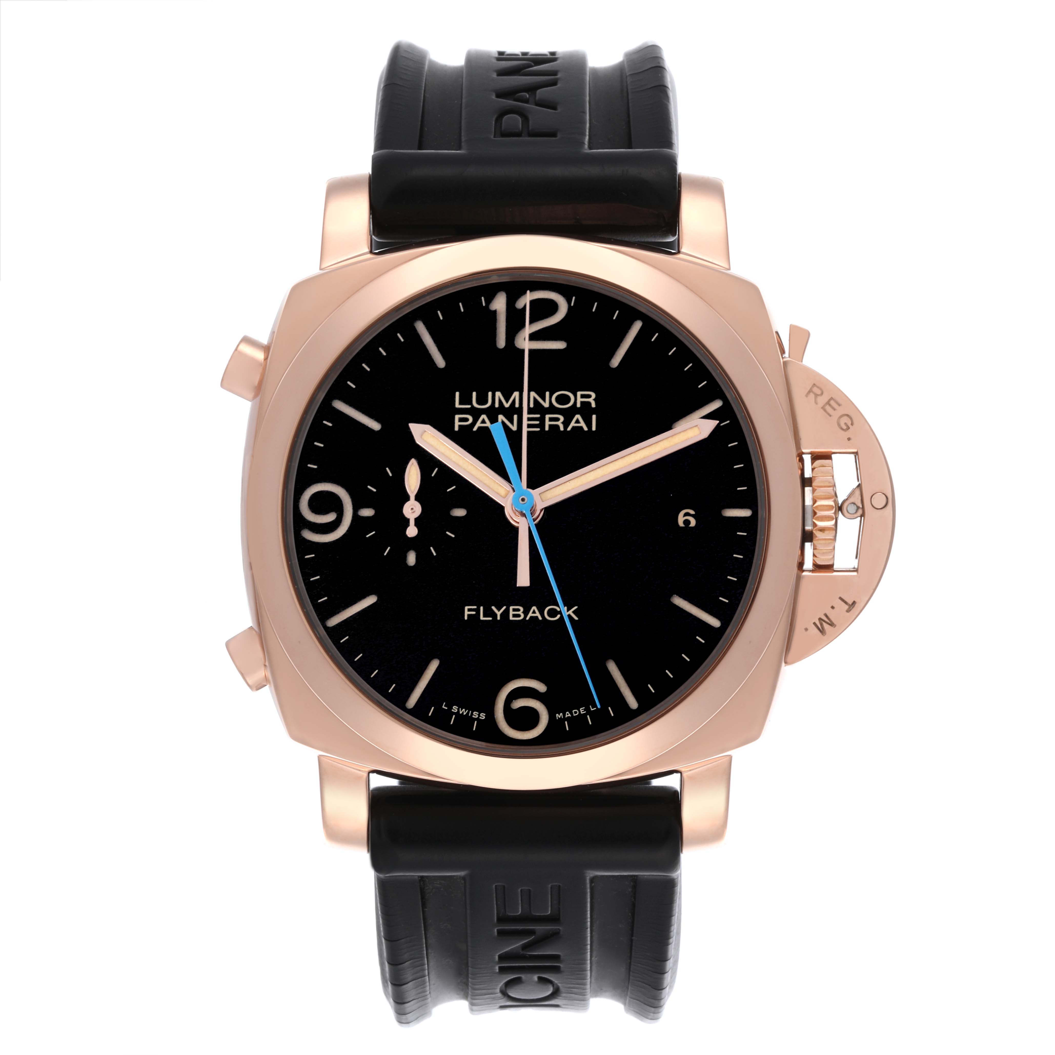 The Panerai Luminor PAM00525 Men's Rose Gold Black Dial PAM00525 Men's Rose Gold Black Dial model is shown from a front angle, displaying the face, strap, crown guard, and buttons.