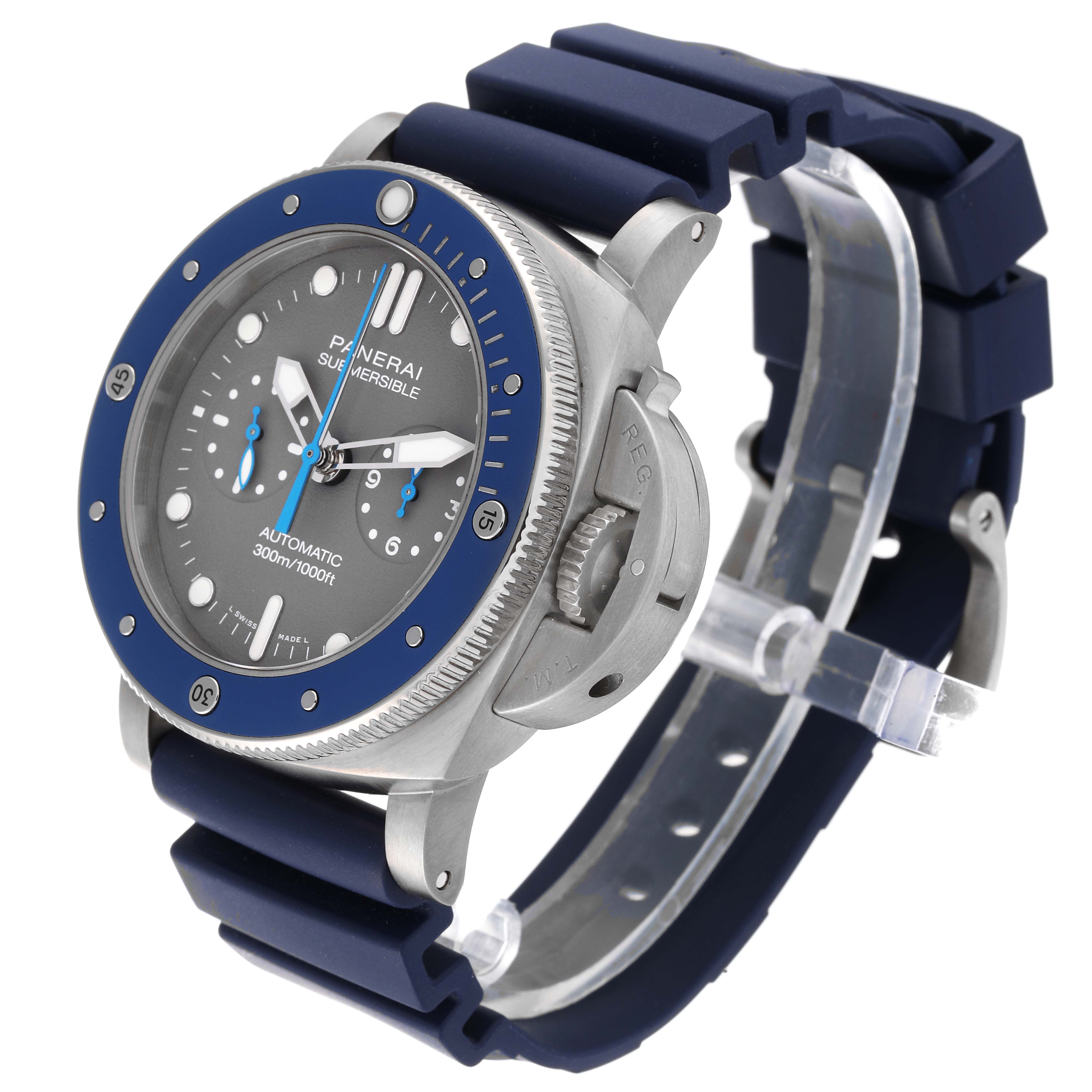The Panerai Submersible PAM00982 Men's Titanium Grey Dial PAM00982 Men's Titanium Grey Dial watch is shown at an angled view highlighting the blue strap, bezel, and grey dial.