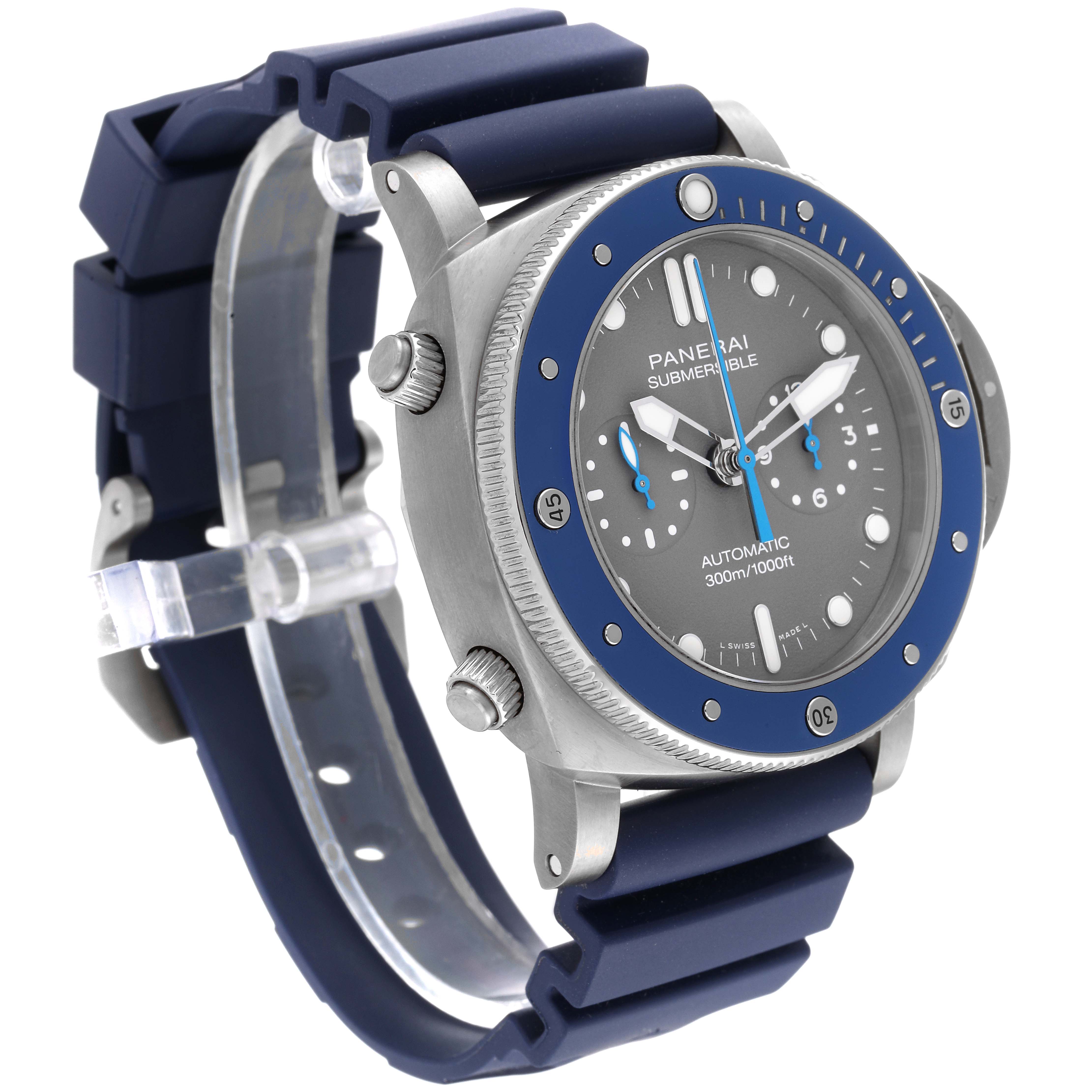 This image shows a Panerai Submersible PAM00982 Men's Titanium Grey Dial PAM00982 Men's Titanium Grey Dial watch at an angled view highlighting its blue rubber strap, bezel, and stainless steel case.