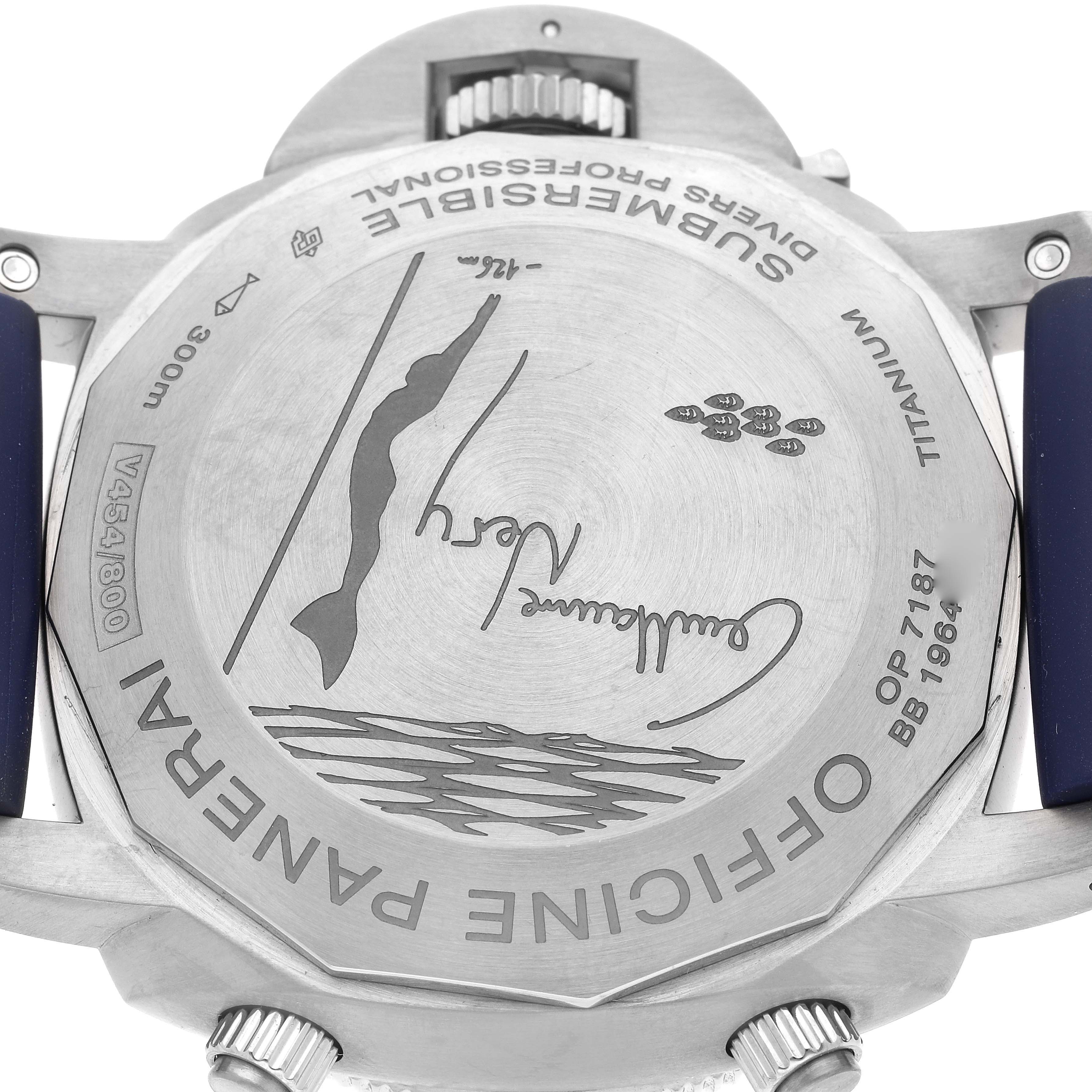 The image shows the back case of a Panerai Submersible PAM00982 Men's Titanium Grey Dial PAM00982 Men's Titanium Grey Dial watch, detailing engravings and a partially visible crown.