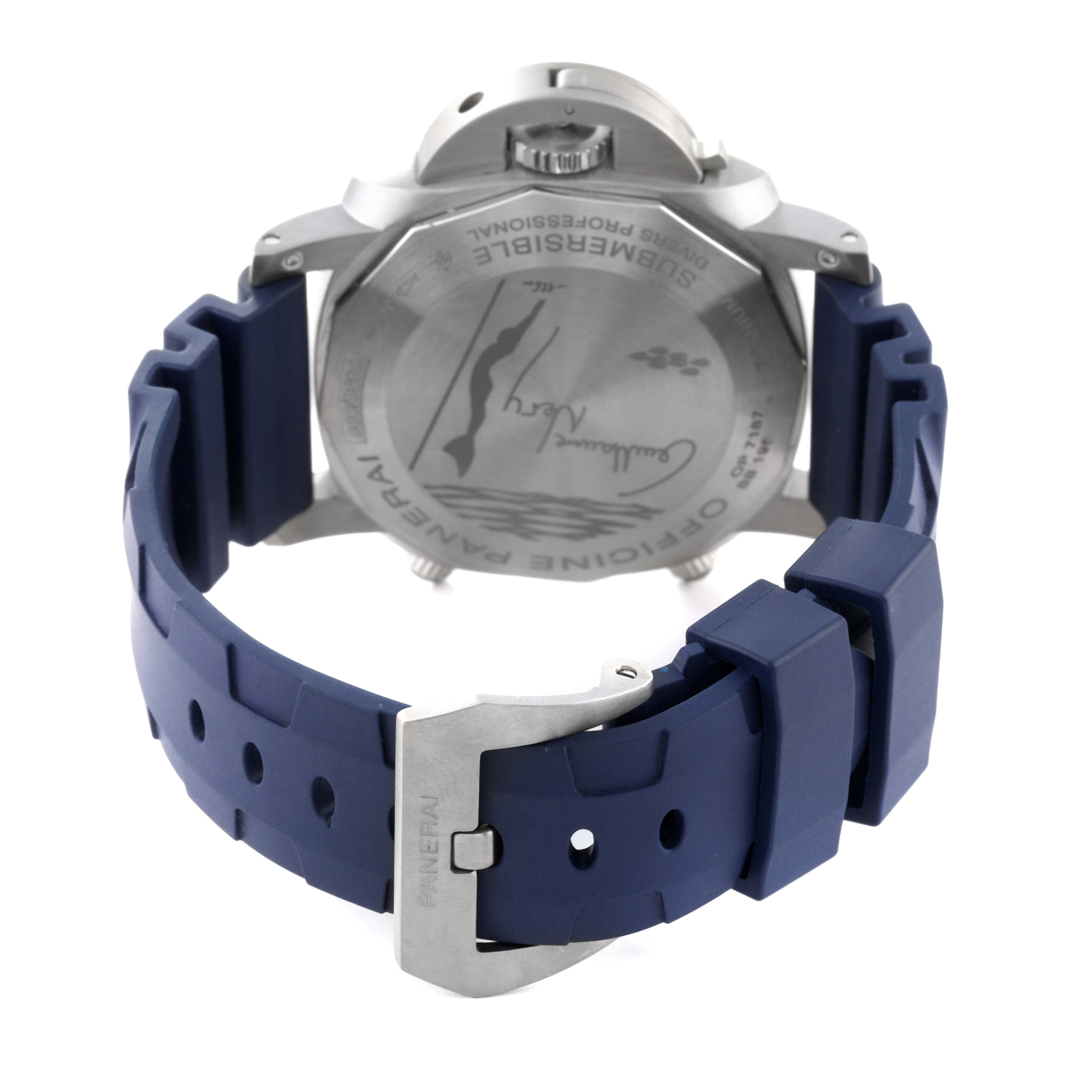 The image shows the back of the Panerai Submersible PAM00982 Men's Titanium Grey Dial PAM00982 Men's Titanium Grey Dial model watch, highlighting the case back, crown, and blue rubber strap with a buckle.