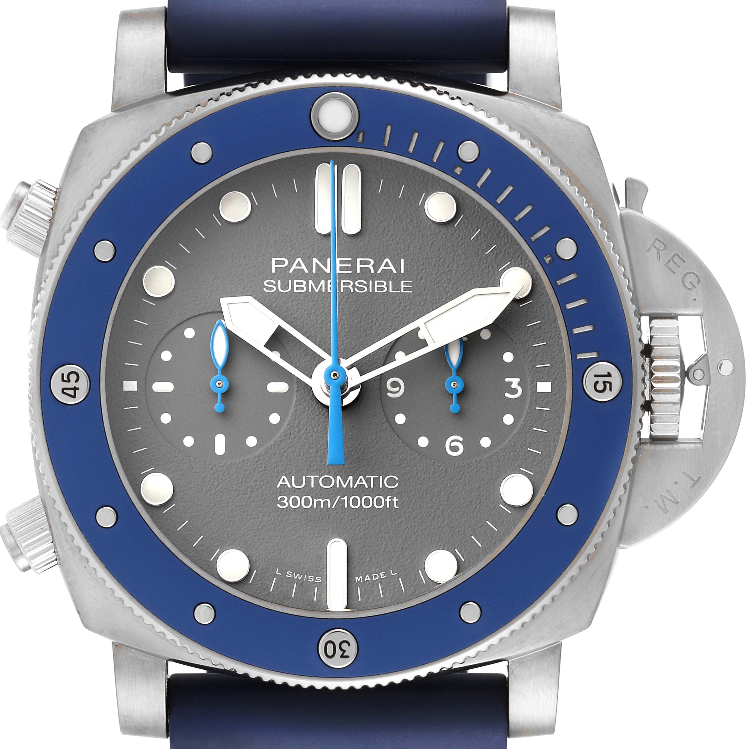 This image shows a Panerai Submersible PAM00982 Men's Titanium Grey Dial PAM00982 Men's Titanium Grey Dial watch face at a direct angle, highlighting the dial, hands, subdials, and bezel.