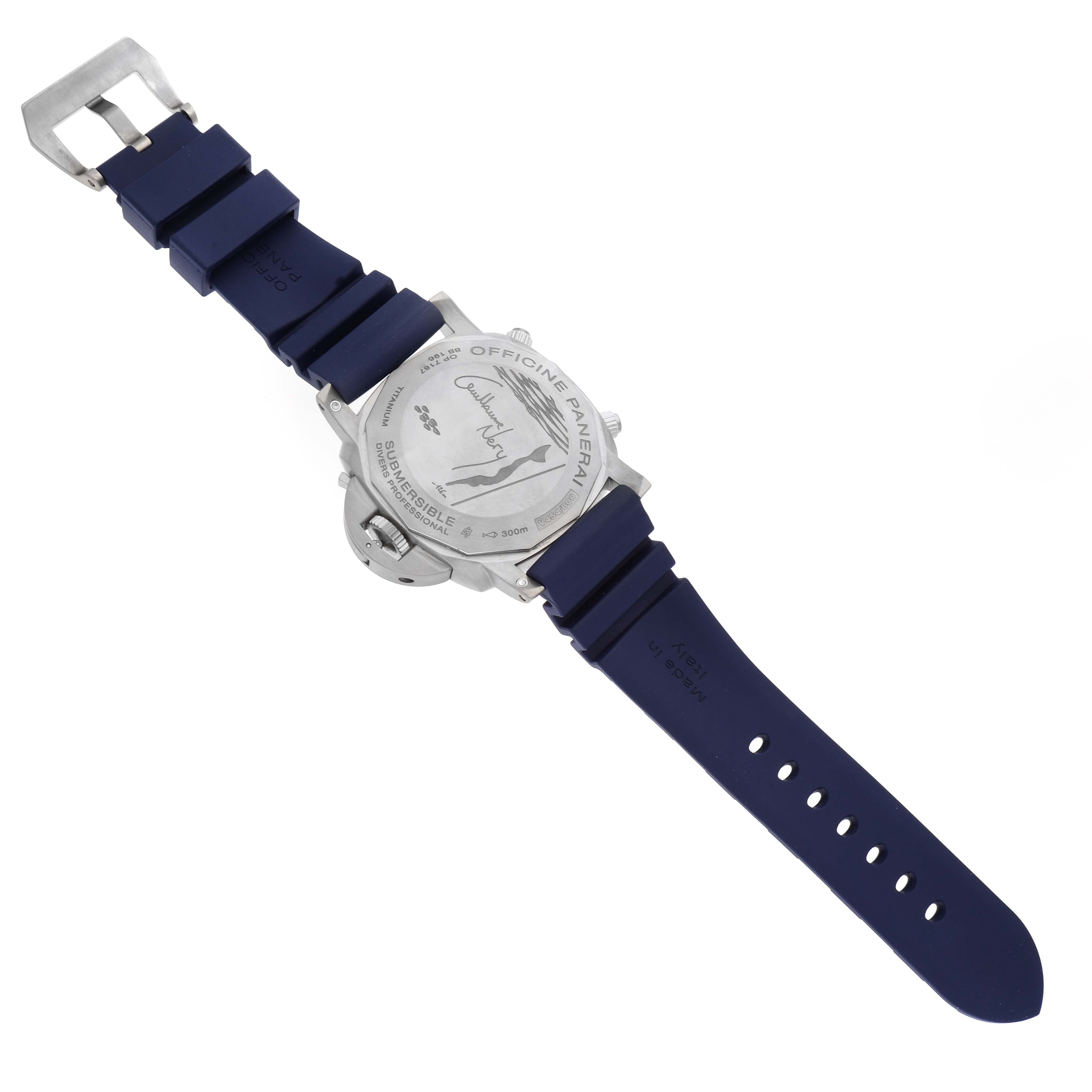 This image shows the back of a Panerai Submersible PAM00982 Men's Titanium Grey Dial PAM00982 Men's Titanium Grey Dial watch, displaying its case back and blue strap.