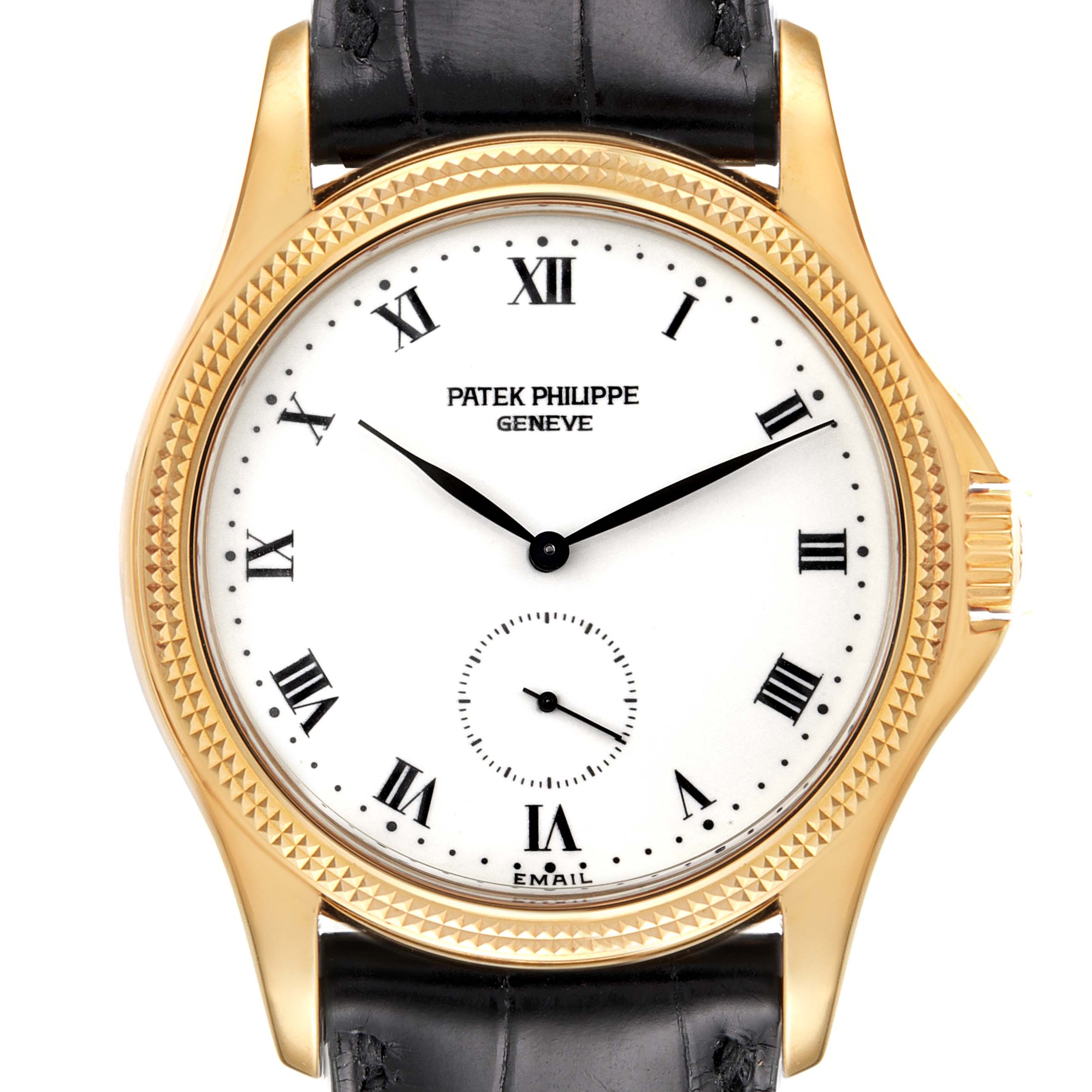 The image shows a front view of the dial, hands, bezel, and part of the strap of a Patek Philippe Calatrava 5115J Men's Yellow Gold White Dial 5115J Men's Yellow Gold White Dial watch.