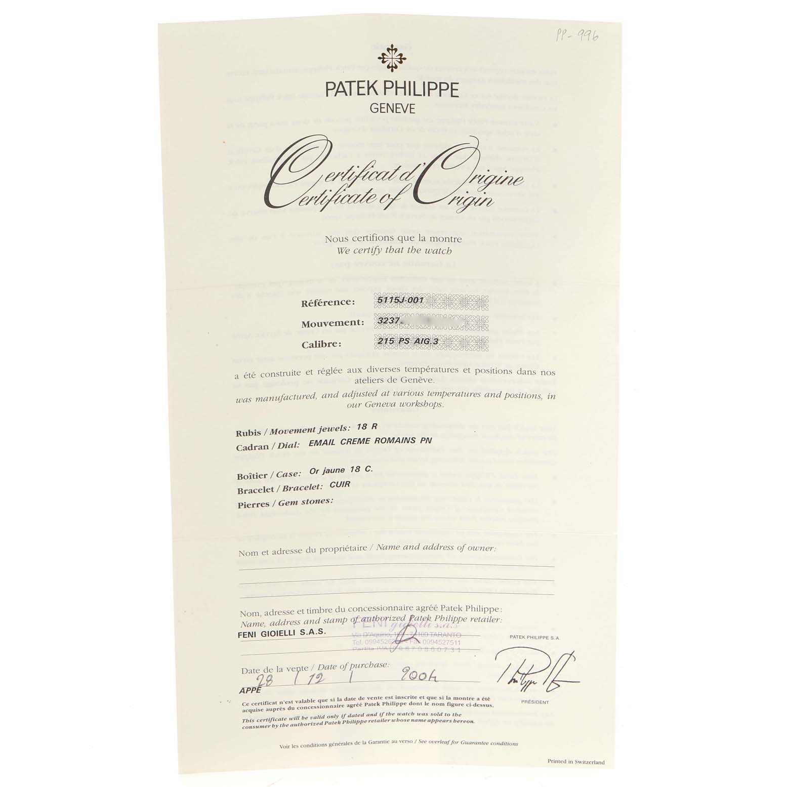 This image shows a Certificate of Origin for the Calatrava model by Patek Philippe.