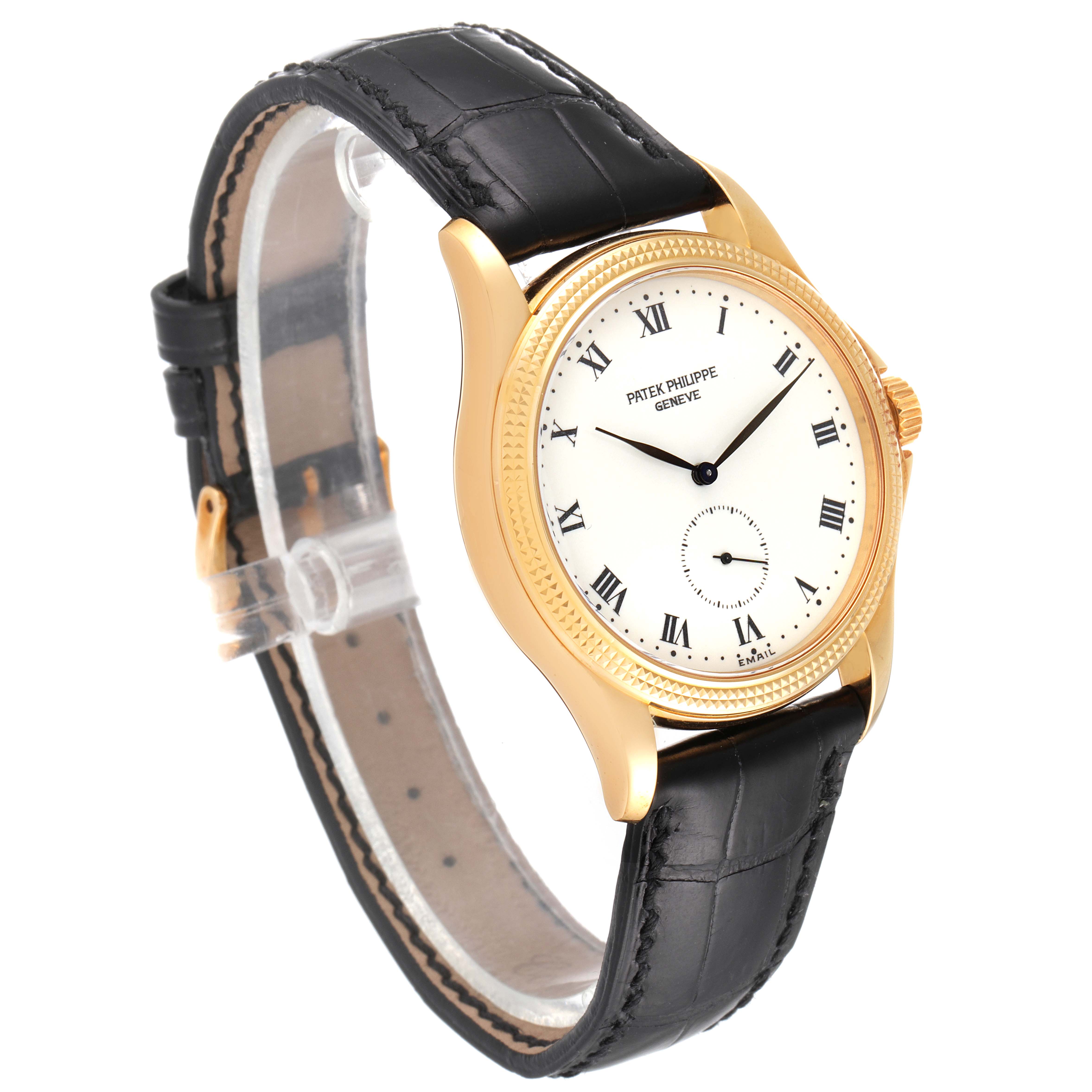 The image shows a side angle of the Patek Philippe Calatrava 5115J Men's Yellow Gold White Dial 5115J Men's Yellow Gold White Dial watch, highlighting its dial, bezel, and leather strap.