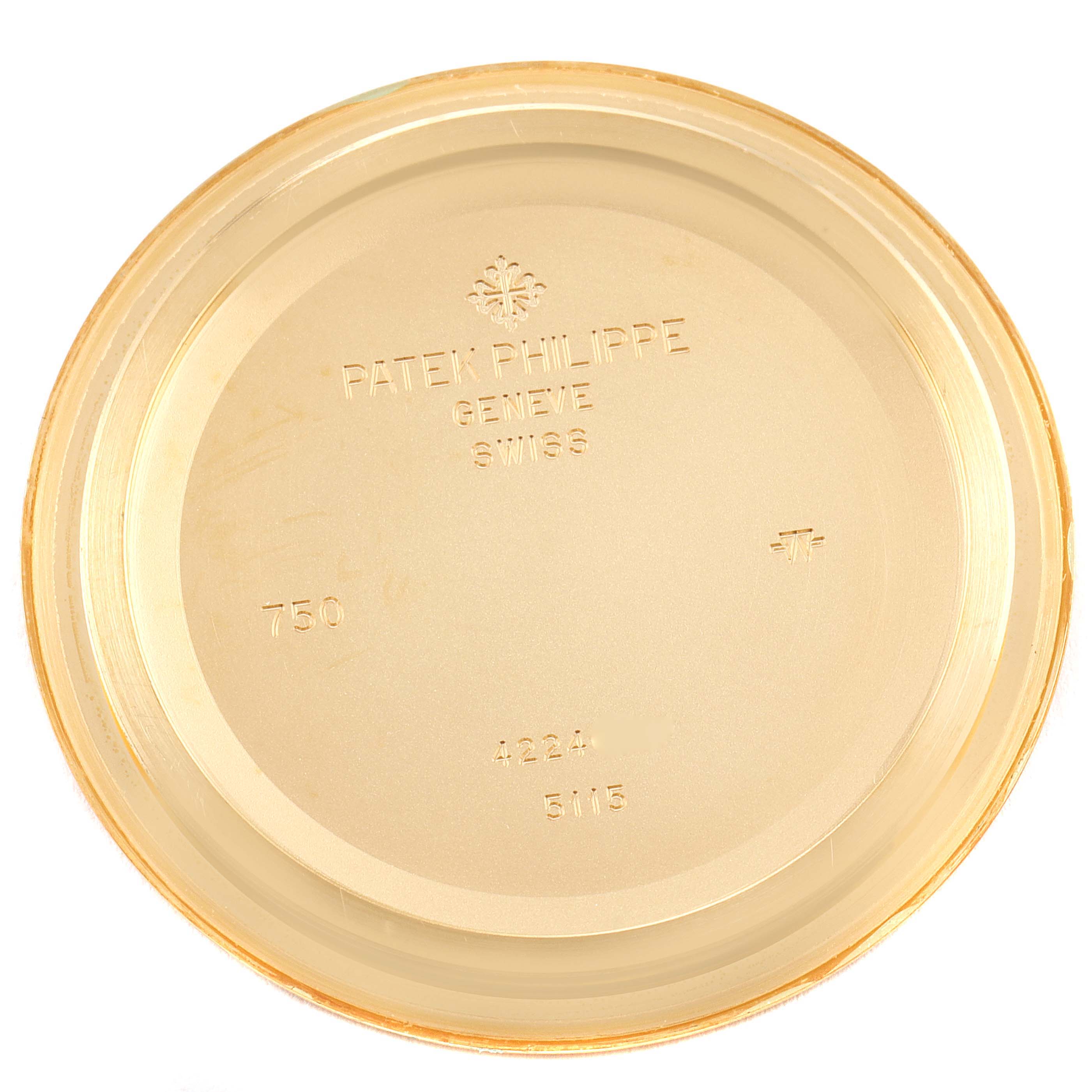 This image shows the inside of the case back for a Patek Philippe Calatrava 5115J Men's Yellow Gold White Dial 5115J Men's Yellow Gold White Dial watch.