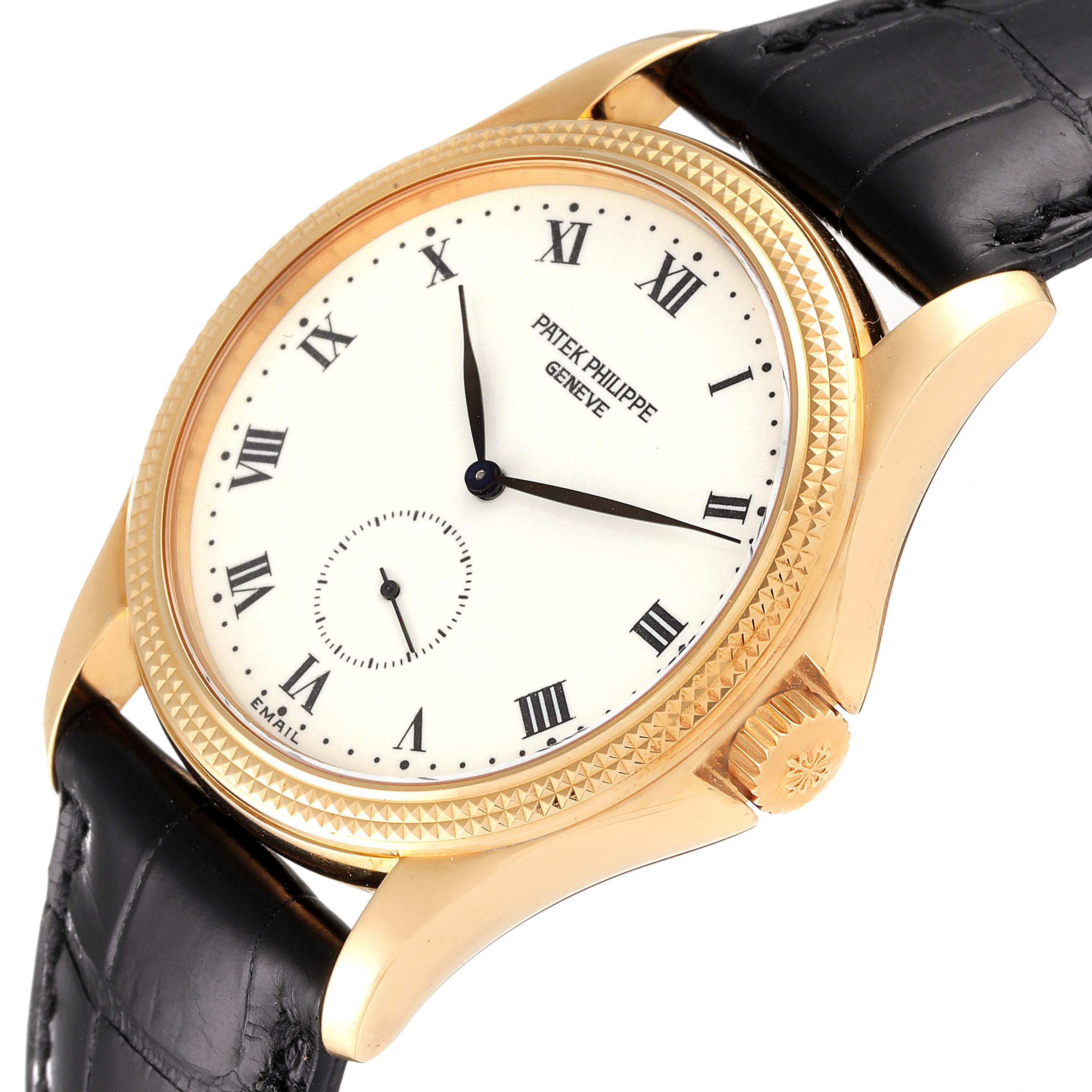 The image shows a Patek Philippe Calatrava 5115J Men's Yellow Gold White Dial 5115J Men's Yellow Gold White Dial watch at an angle highlighting its face, crown, and leather strap.