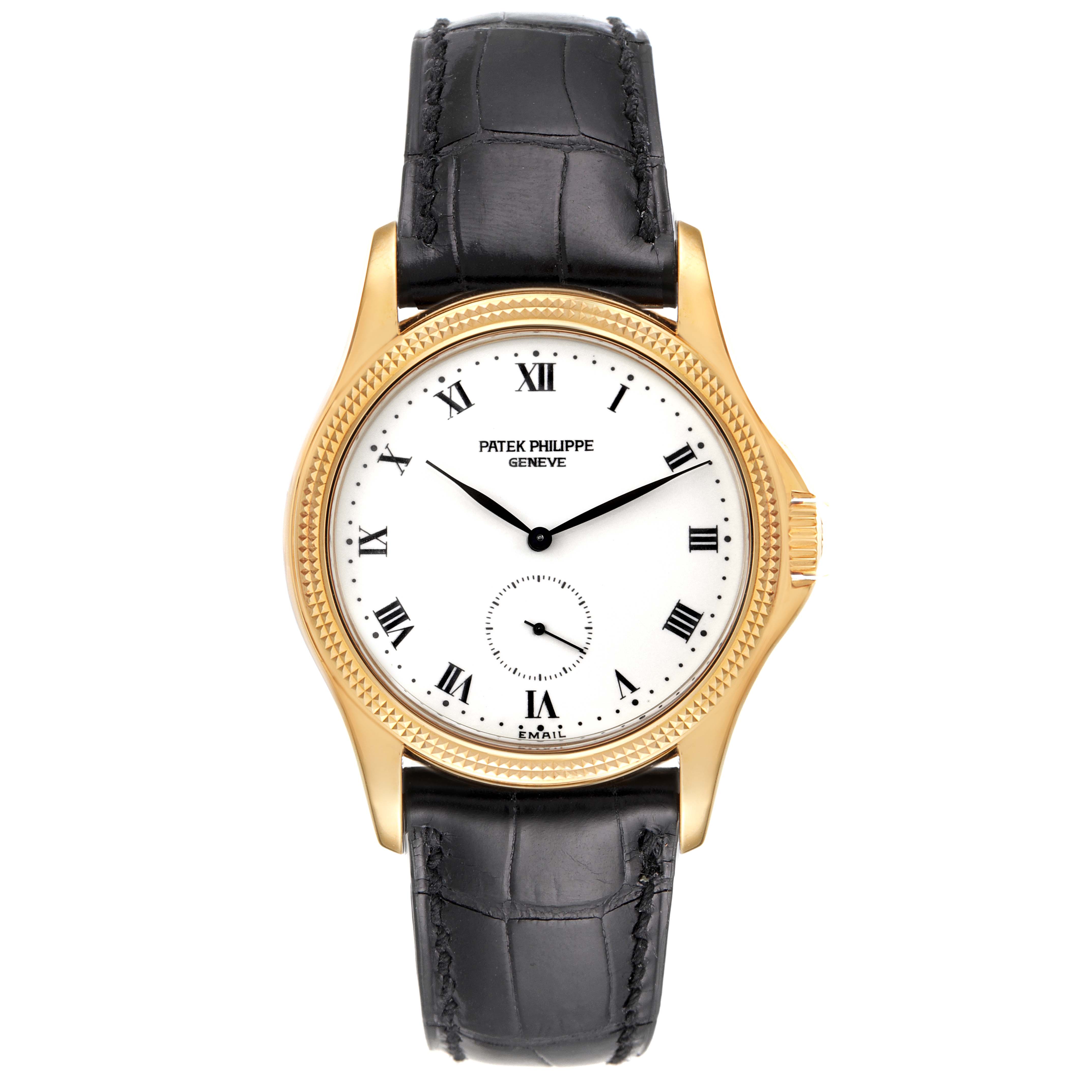The image shows a frontal view of the Patek Philippe Calatrava 5115J Men's Yellow Gold White Dial 5115J Men's Yellow Gold White Dial watch, featuring its dial, hands, case, and leather strap.